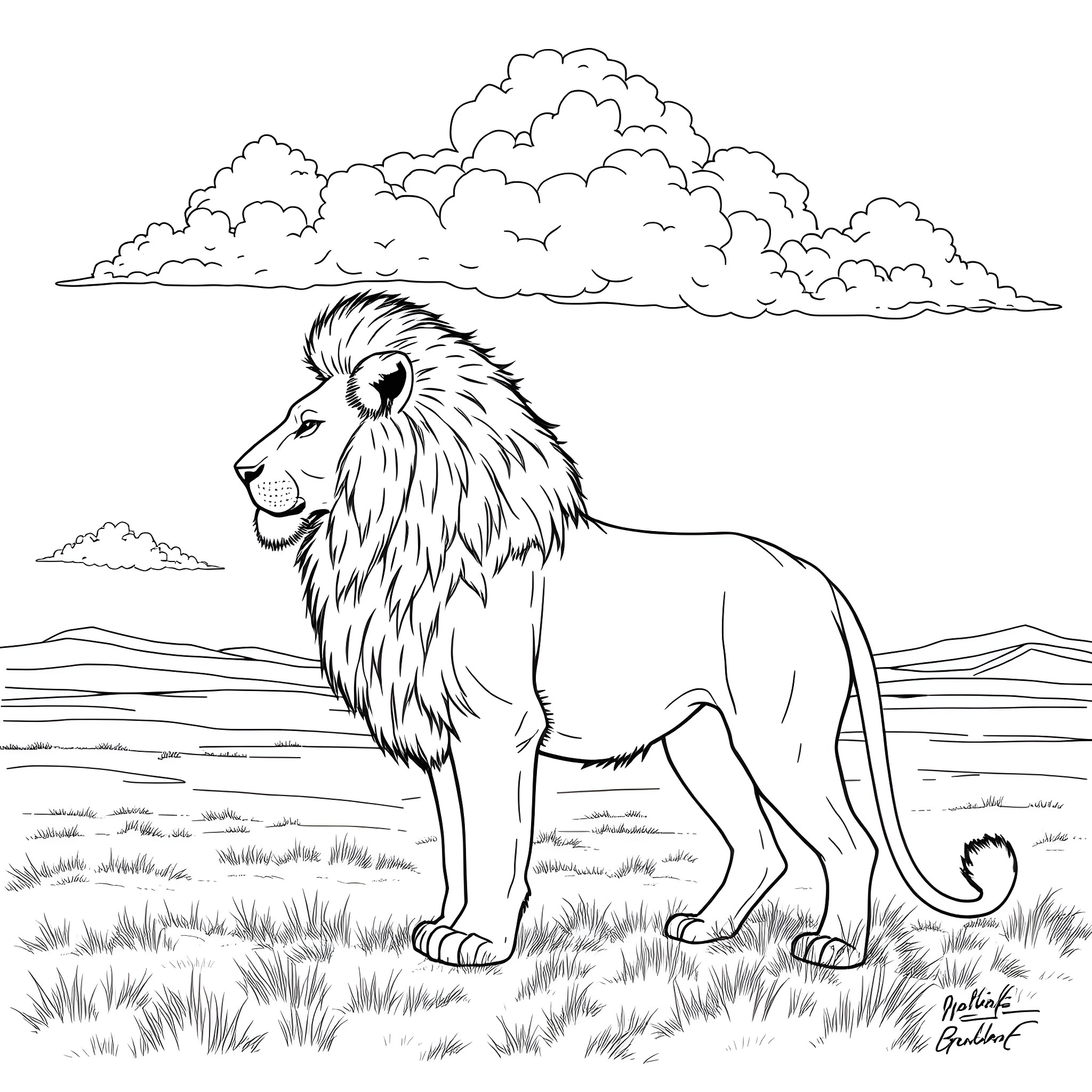 Lion standing tall in the savanna Coloring Page (free black-and-white line drawing printable PDF for all, from beginners to advanced learners, including children, teens, adults, and seniors)