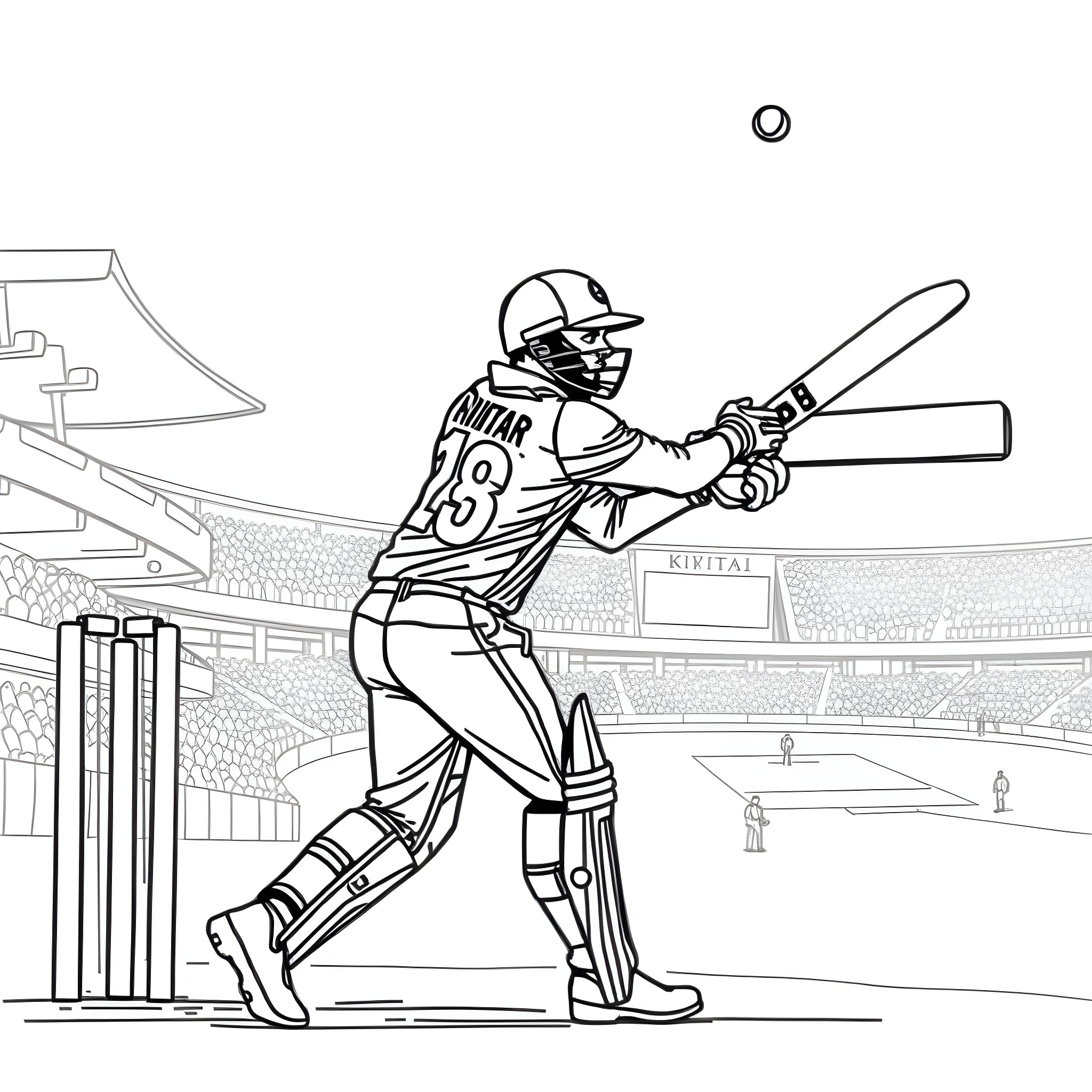 Virat Kohli batting in cricket stadium Coloring Page (free black-and-white line drawing printable PDF for all, from beginners to advanced learners, including children, teens, adults, and seniors)