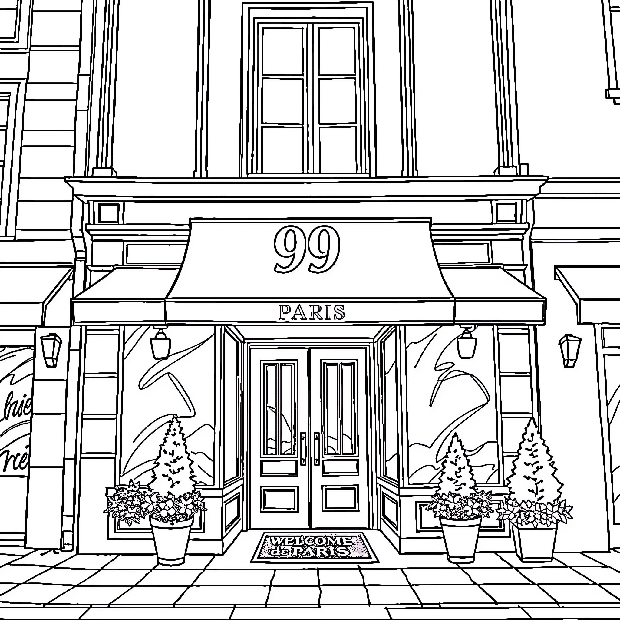 Building with Parisian Facade and Storefront Coloring Page (free black-and-white line drawing printable PDF for all, from beginners to advanced learners, including children, teens, adults, and seniors)