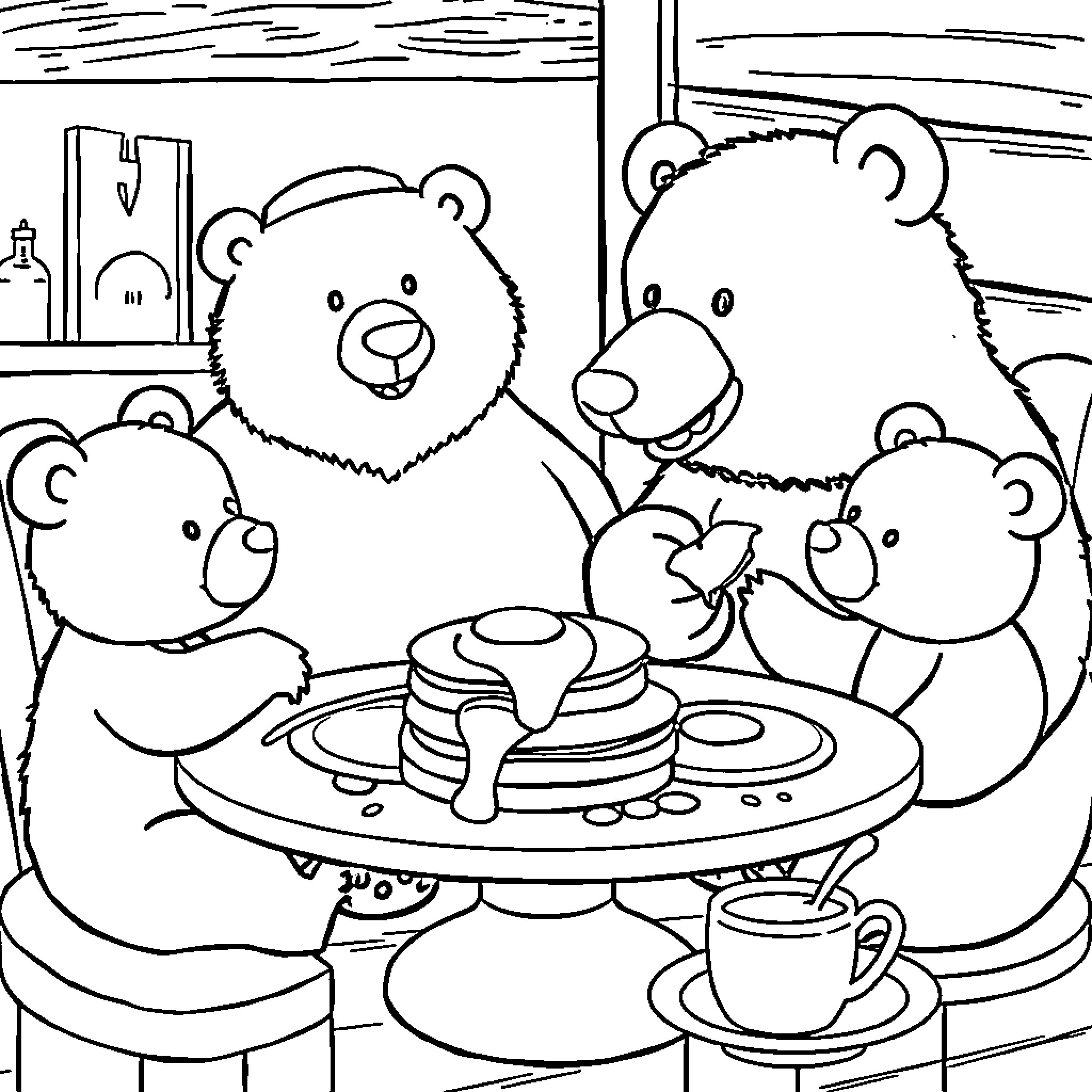 Bear family enjoying a cozy meal together Coloring Page (free black-and-white line drawing printable PDF for all, from beginners to advanced learners, including children, teens, adults, and seniors)