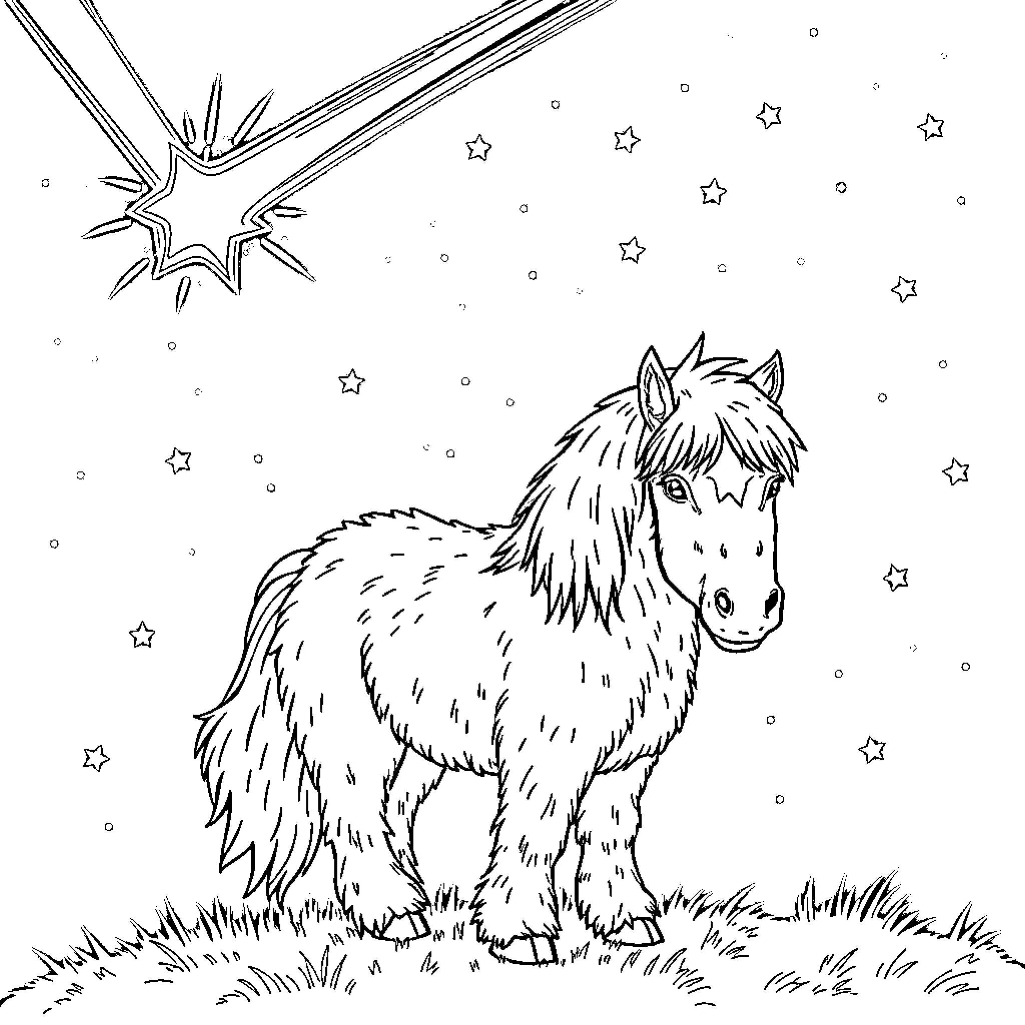 Pony gazing at starry night sky Coloring Page (free black-and-white line drawing printable PDF for all, from beginners to advanced learners, including children, teens, adults, and seniors)