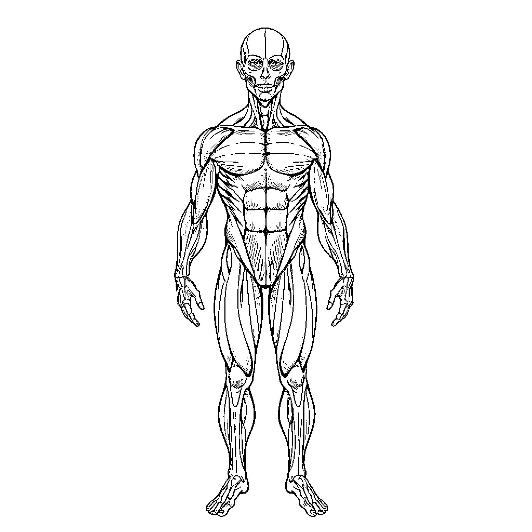 Human Anatomy Diagram of Muscular System Coloring Page (free black-and-white line drawing printable PDF for all, from beginners to advanced learners, including children, teens, adults, and seniors)