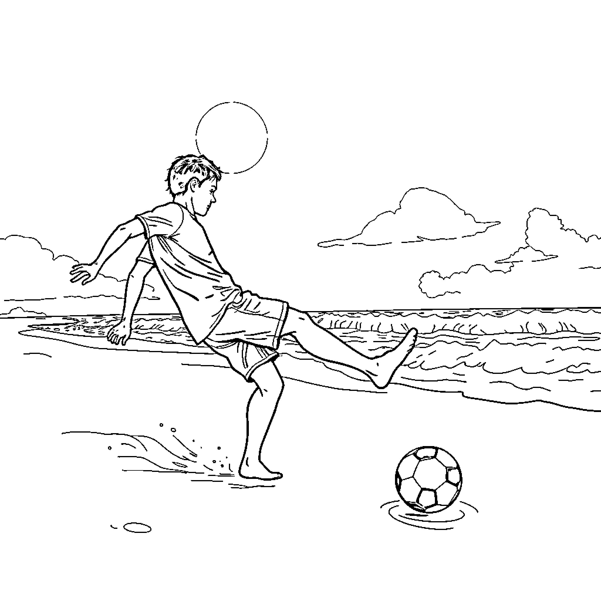 Soccer player relaxing on the beach Coloring Page (free black-and-white line drawing printable PDF for all, from beginners to advanced learners, including children, teens, adults, and seniors)