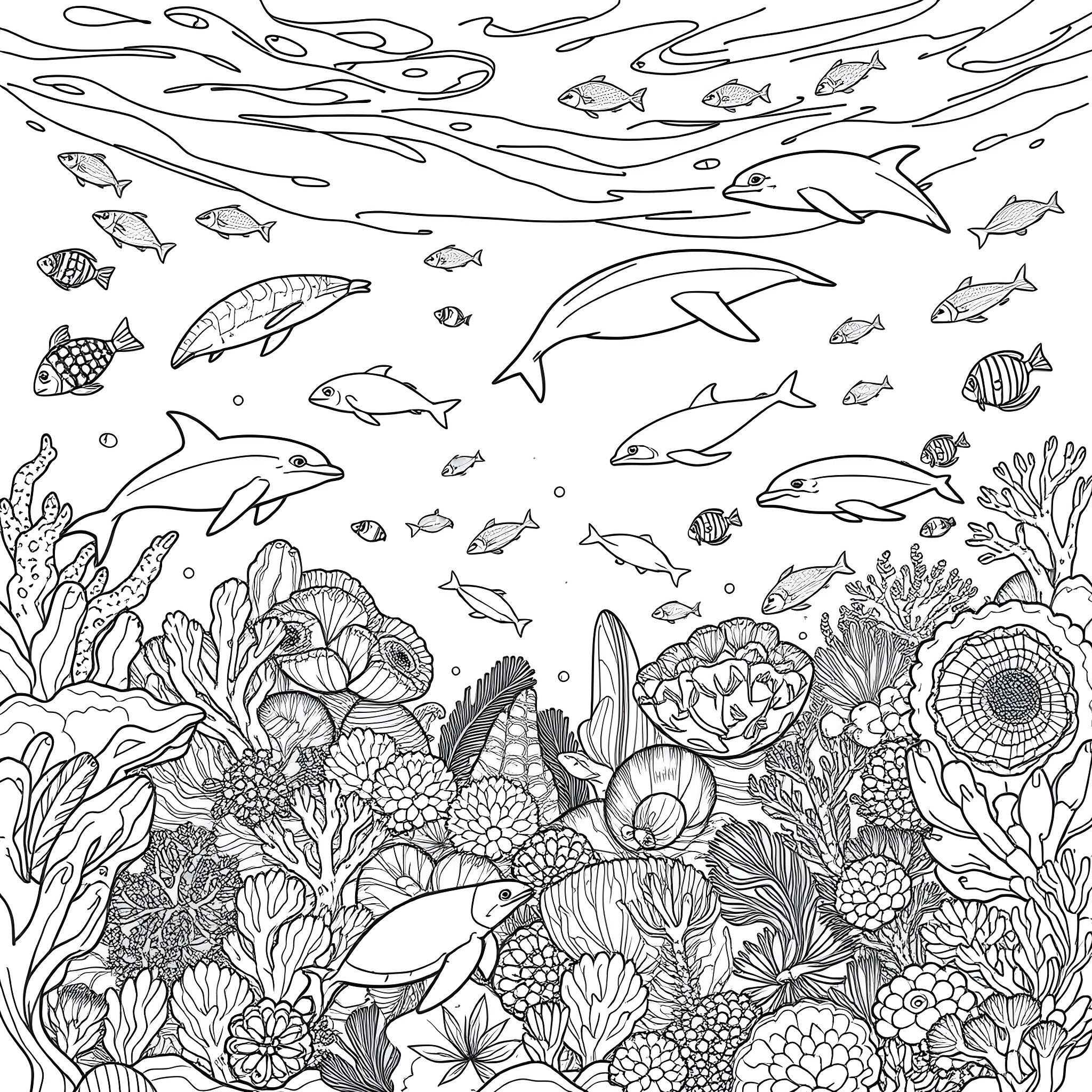 Marine Life: Diverse Underwater Ecosystem Coloring Page (free black-and-white line drawing printable PDF for all, from beginners to advanced learners, including children, teens, adults, and seniors)