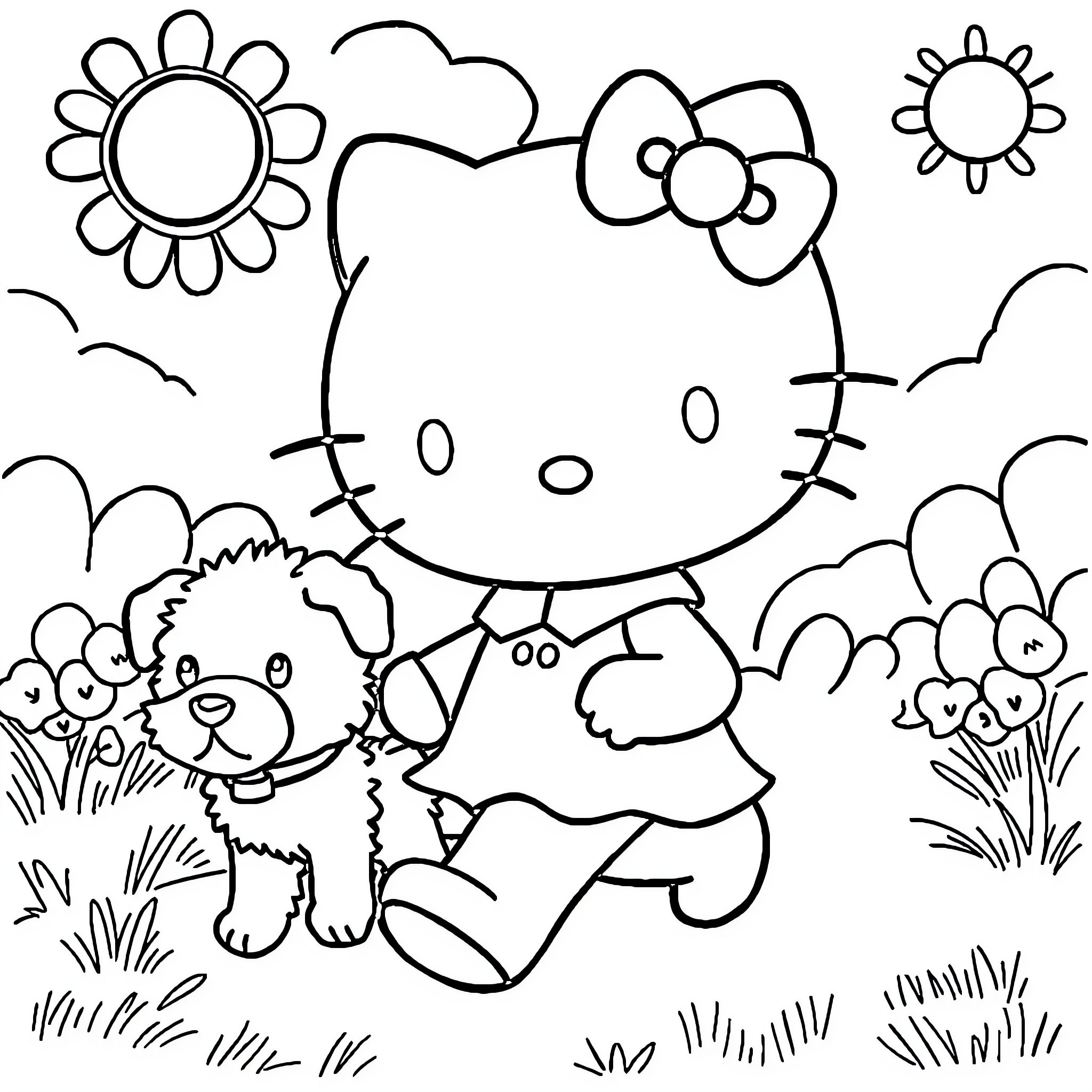 Hello Kitty playing with puppy in the meadow Coloring Page (free black-and-white line drawing printable PDF for all, from beginners to advanced learners, including children, teens, adults, and seniors)