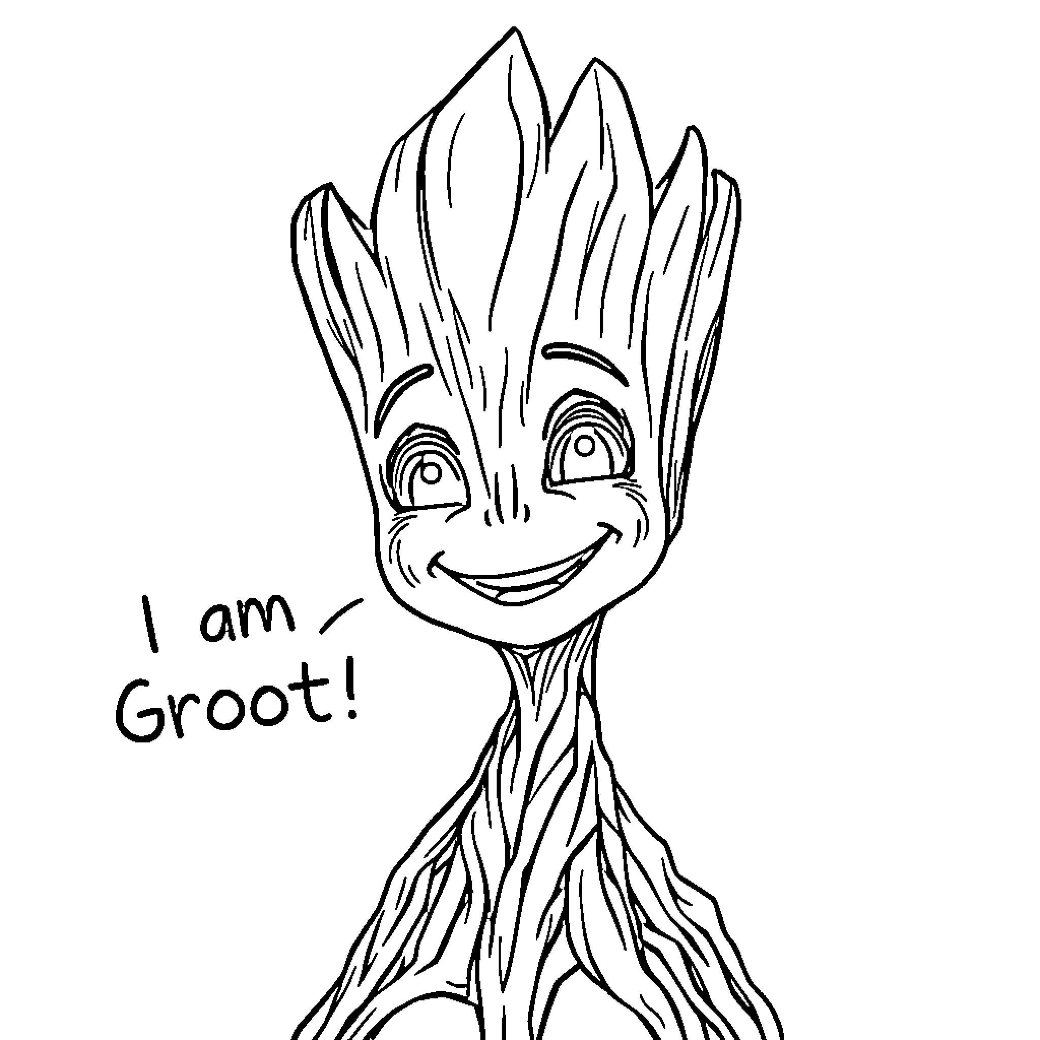 Groot smiling and expressing joy Coloring Page (free black-and-white line drawing printable PDF for all, from beginners to advanced learners, including children, teens, adults, and seniors)