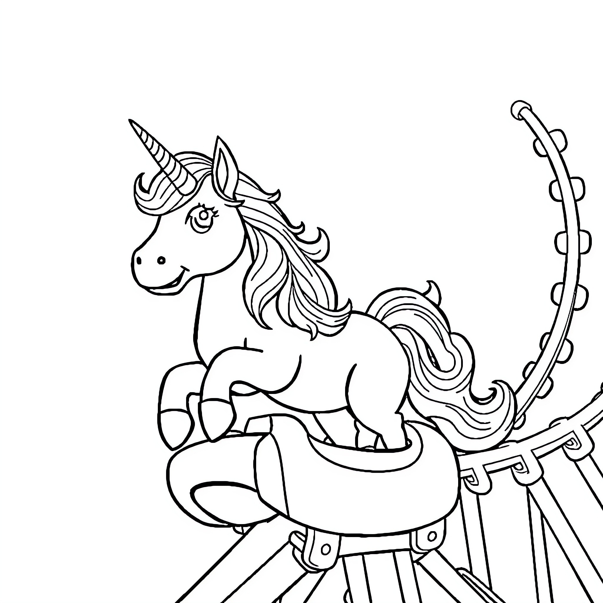 Unicorn riding on a carousel ride Coloring Page (free black-and-white line drawing printable PDF for all, from beginners to advanced learners, including children, teens, adults, and seniors)
