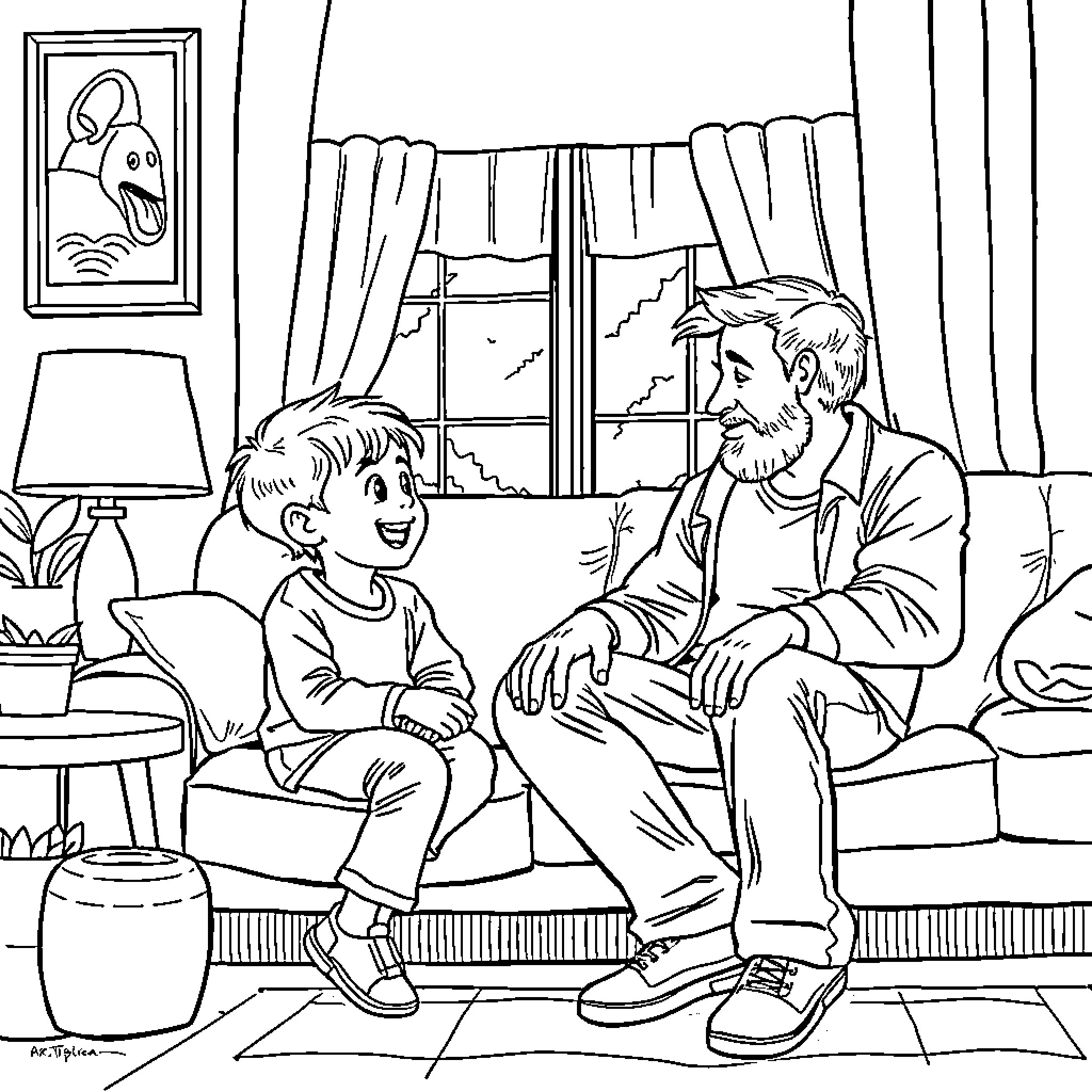 Kid having a conversation with elderly person Coloring Page (free black-and-white line drawing printable PDF for all, from beginners to advanced learners, including children, teens, adults, and seniors)