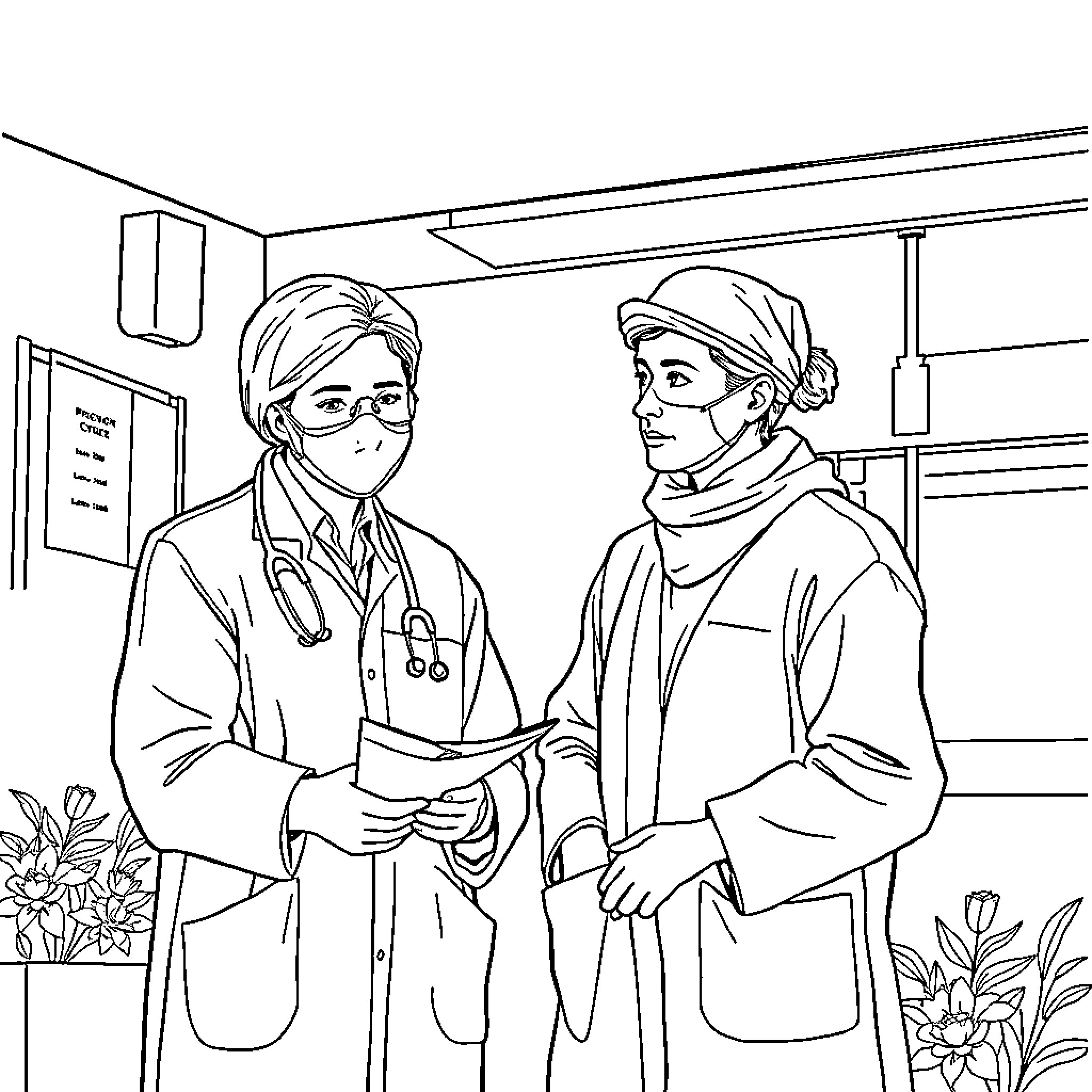 Nurse colleagues discussing patient care in hospital Coloring Page (free black-and-white line drawing printable PDF for all, from beginners to advanced learners, including children, teens, adults, and seniors)