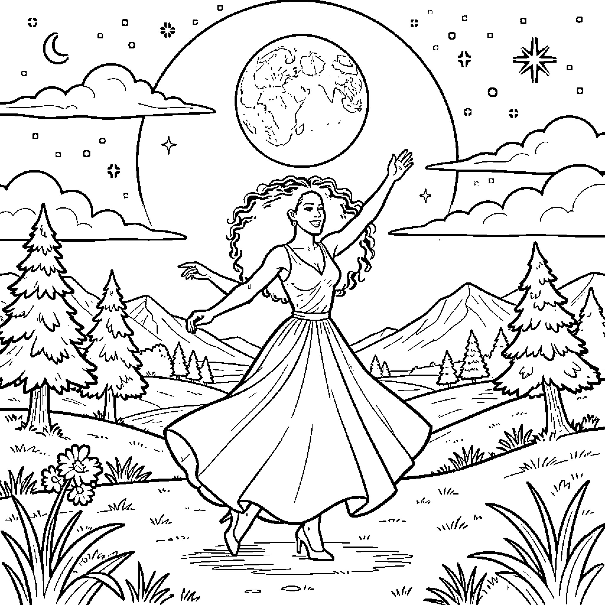 Beyonce's Captivating Dance Under the Moonlit Sky Coloring Page (free black-and-white line drawing printable PDF for all, from beginners to advanced learners, including children, teens, adults, and seniors)