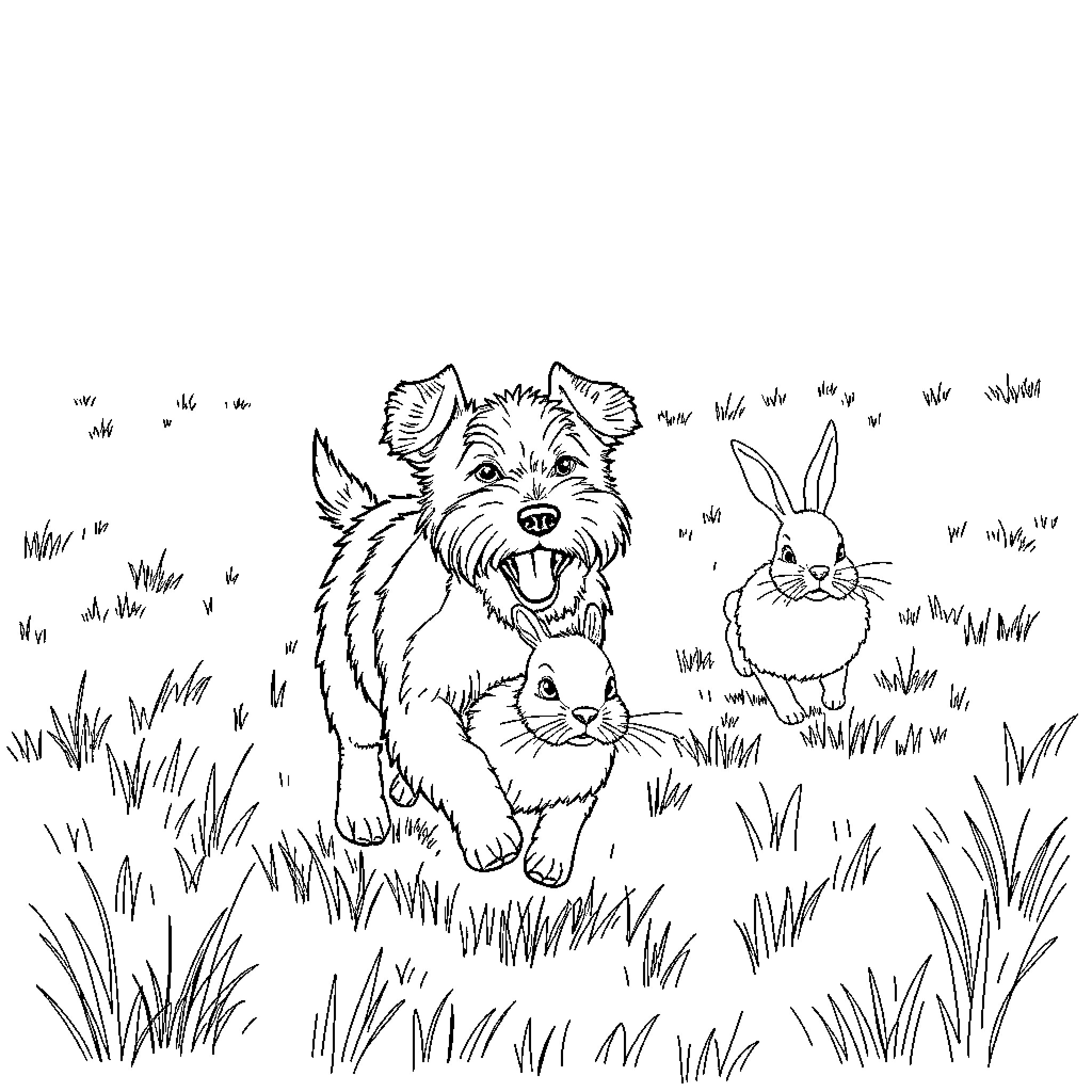 Terrier and Rabbit Playing in the Meadow Coloring Page (free black-and-white line drawing printable PDF for all, from beginners to advanced learners, including children, teens, adults, and seniors)