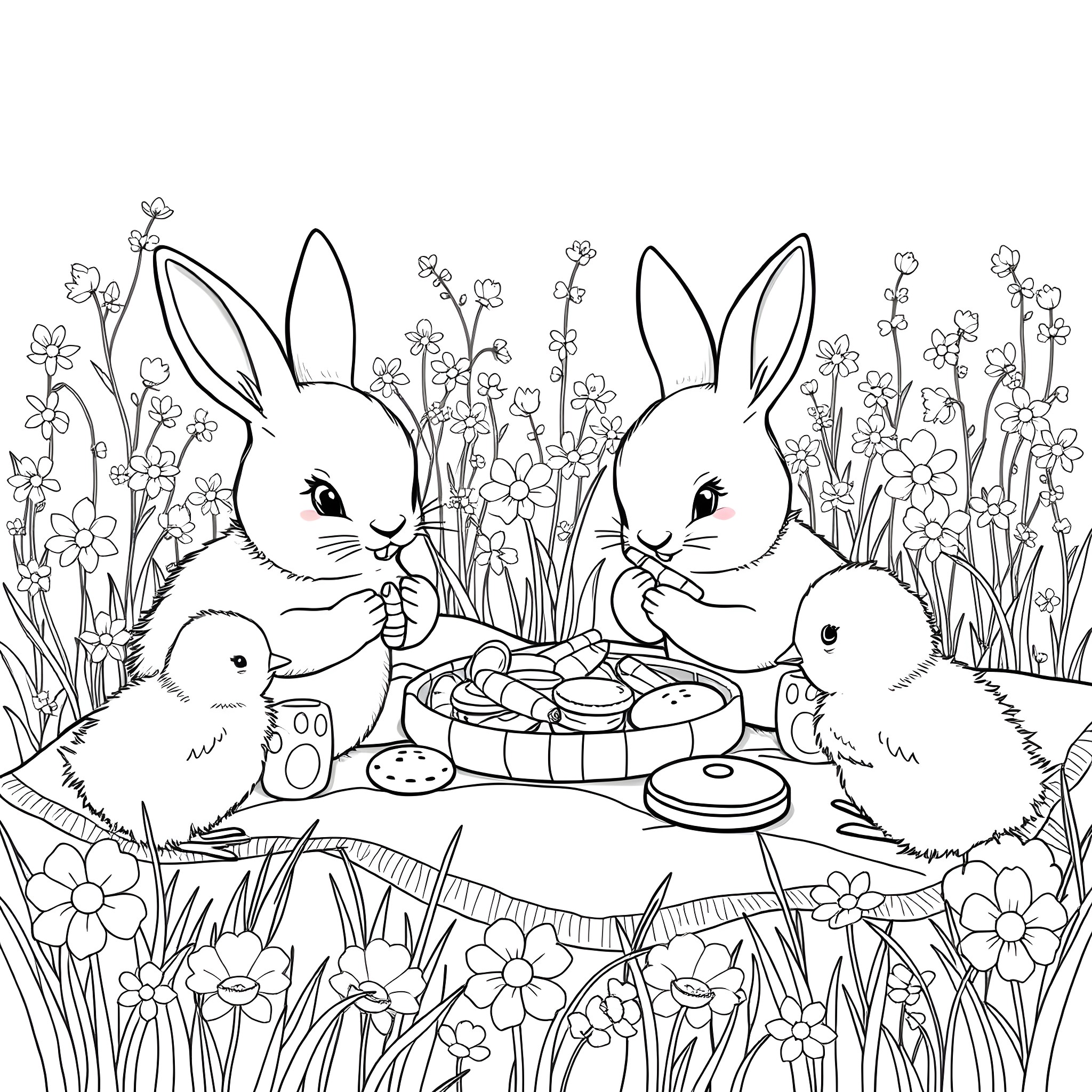 Bunny family enjoying a picnic in a flower-filled meadow Coloring Page (free black-and-white line drawing printable PDF for all, from beginners to advanced learners, including children, teens, adults, and seniors)