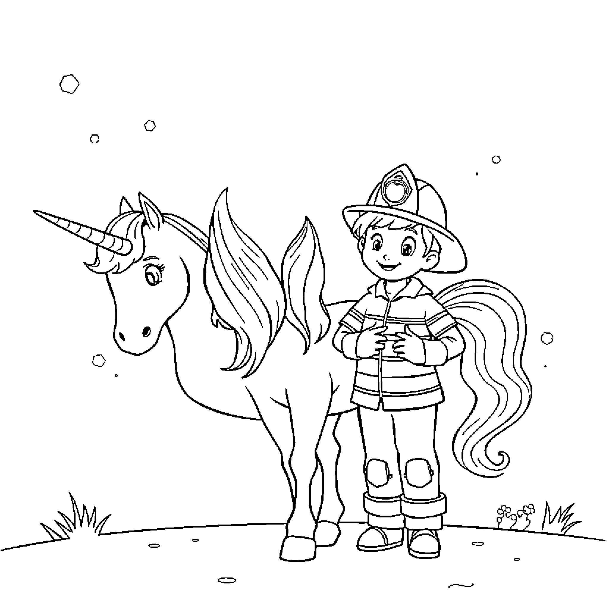 Unicorn and young firefighter exploring adventure Coloring Page (free black-and-white line drawing printable PDF for all, from beginners to advanced learners, including children, teens, adults, and seniors)