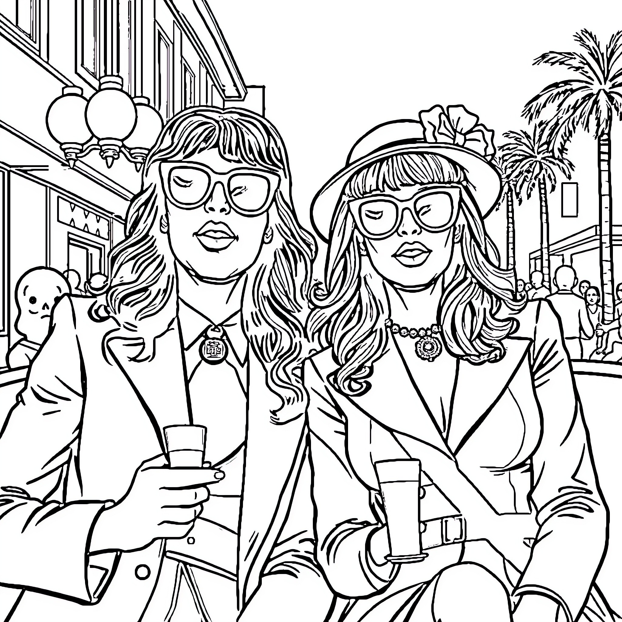 Chick duo exploring the city streets Coloring Page (free black-and-white line drawing printable PDF for all, from beginners to advanced learners, including children, teens, adults, and seniors)