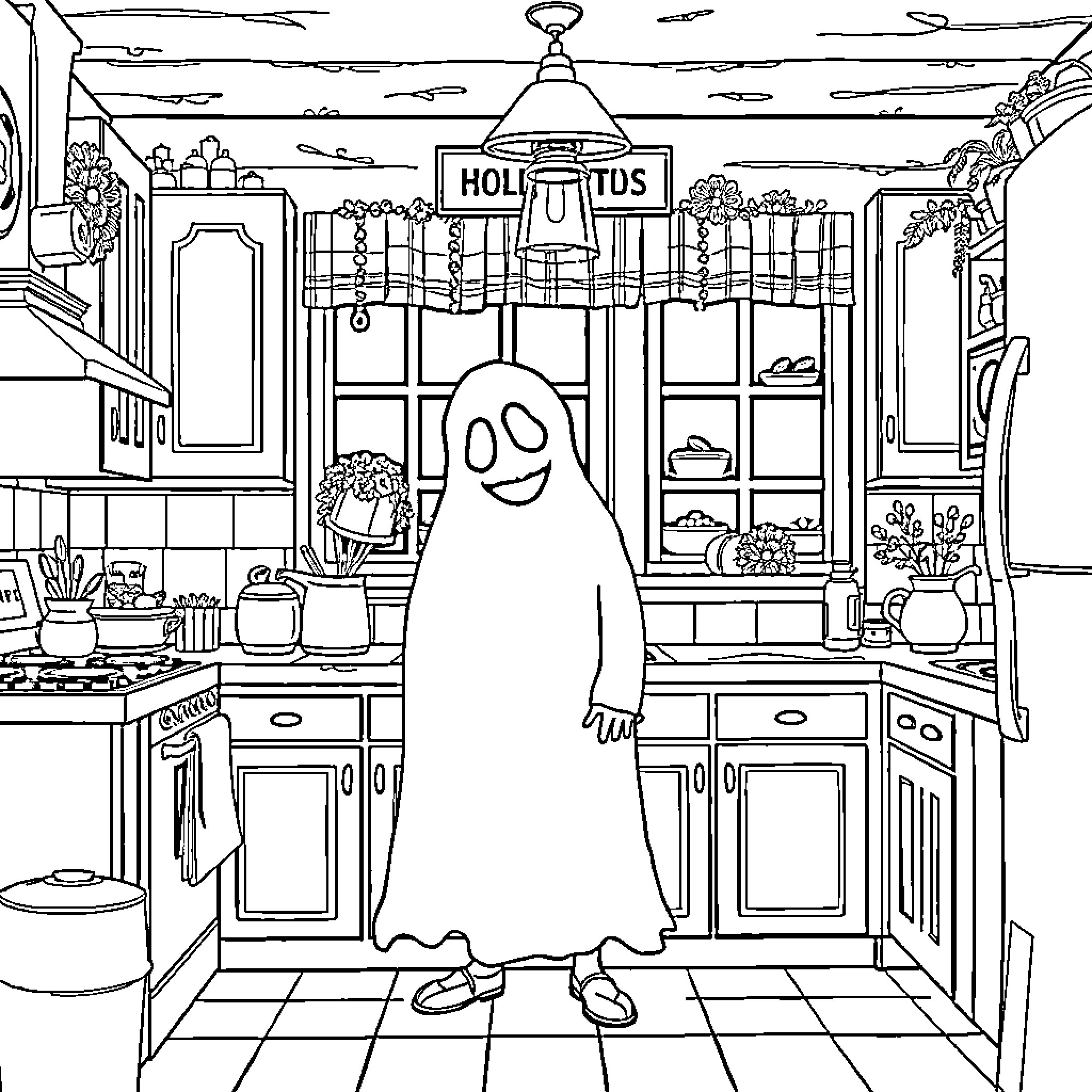 Ghostface in a Spooky Kitchen Scene Coloring Page (free black-and-white line drawing printable PDF for all, from beginners to advanced learners, including children, teens, adults, and seniors)