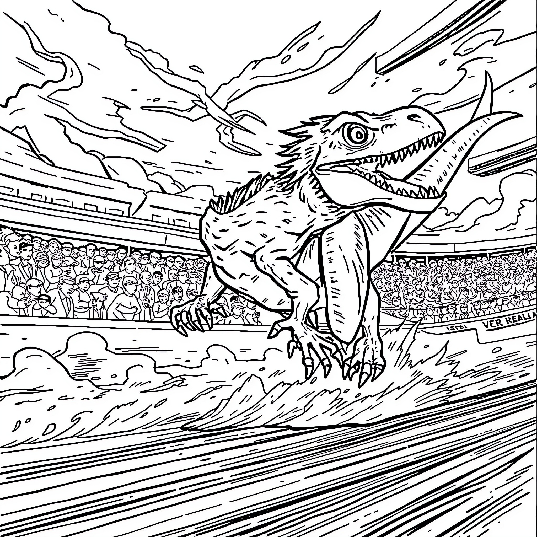 Raptor Dinosaur Rampaging Through Sports Stadium Coloring Page (free black-and-white line drawing printable PDF for all, from beginners to advanced learners, including children, teens, adults, and seniors)