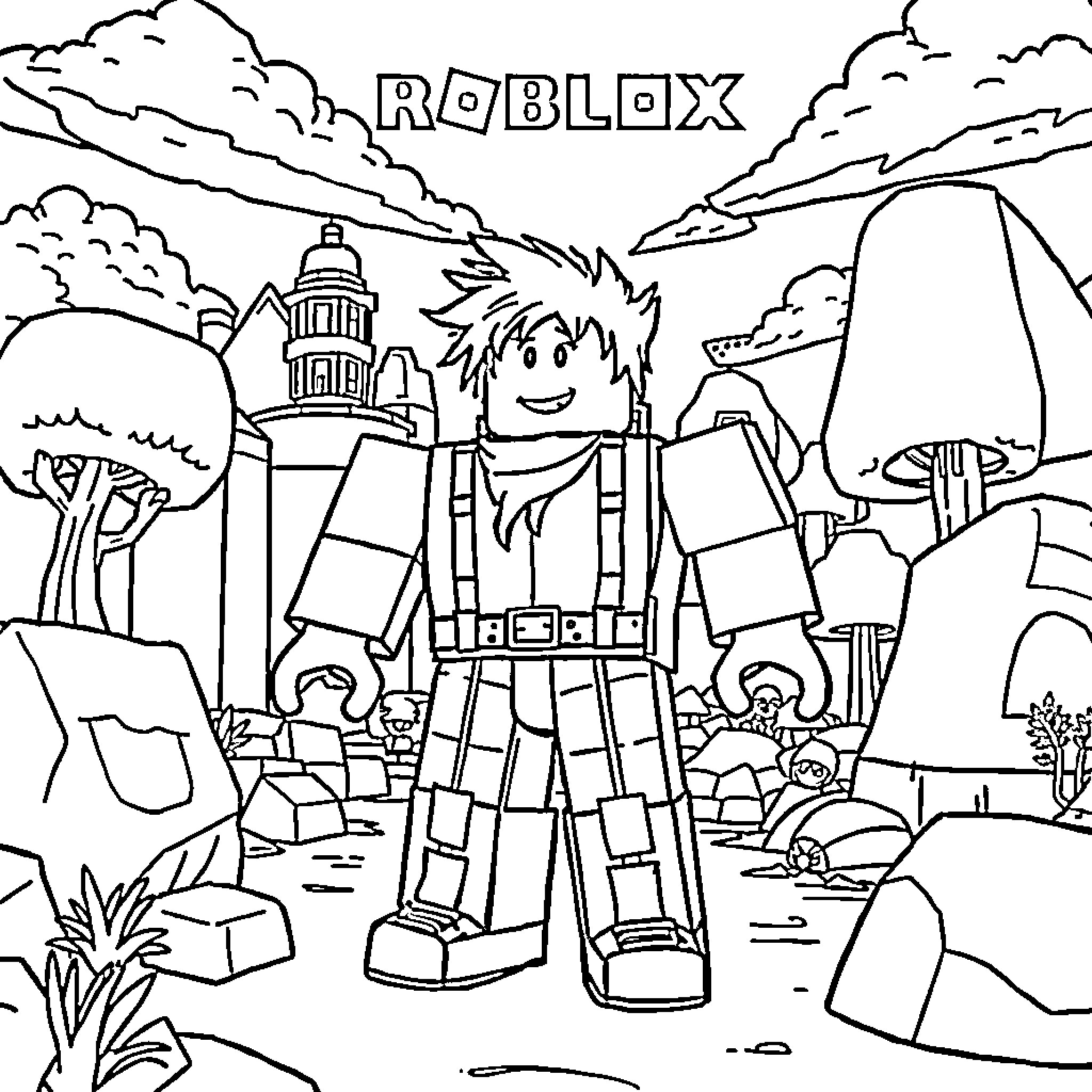 Roblox character exploring a scenic landscape Coloring Page (free black-and-white line drawing printable PDF for all, from beginners to advanced learners, including children, teens, adults, and seniors)