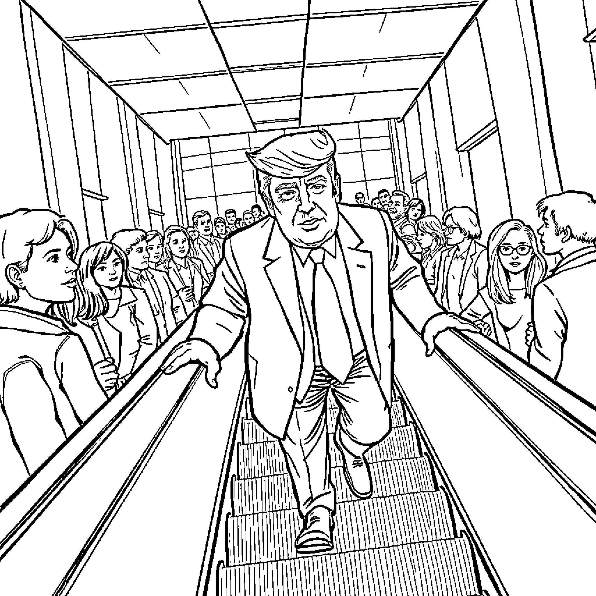 Donald Trump Walking Through Crowded Hallway Coloring Page (free black-and-white line drawing printable PDF for all, from beginners to advanced learners, including children, teens, adults, and seniors)