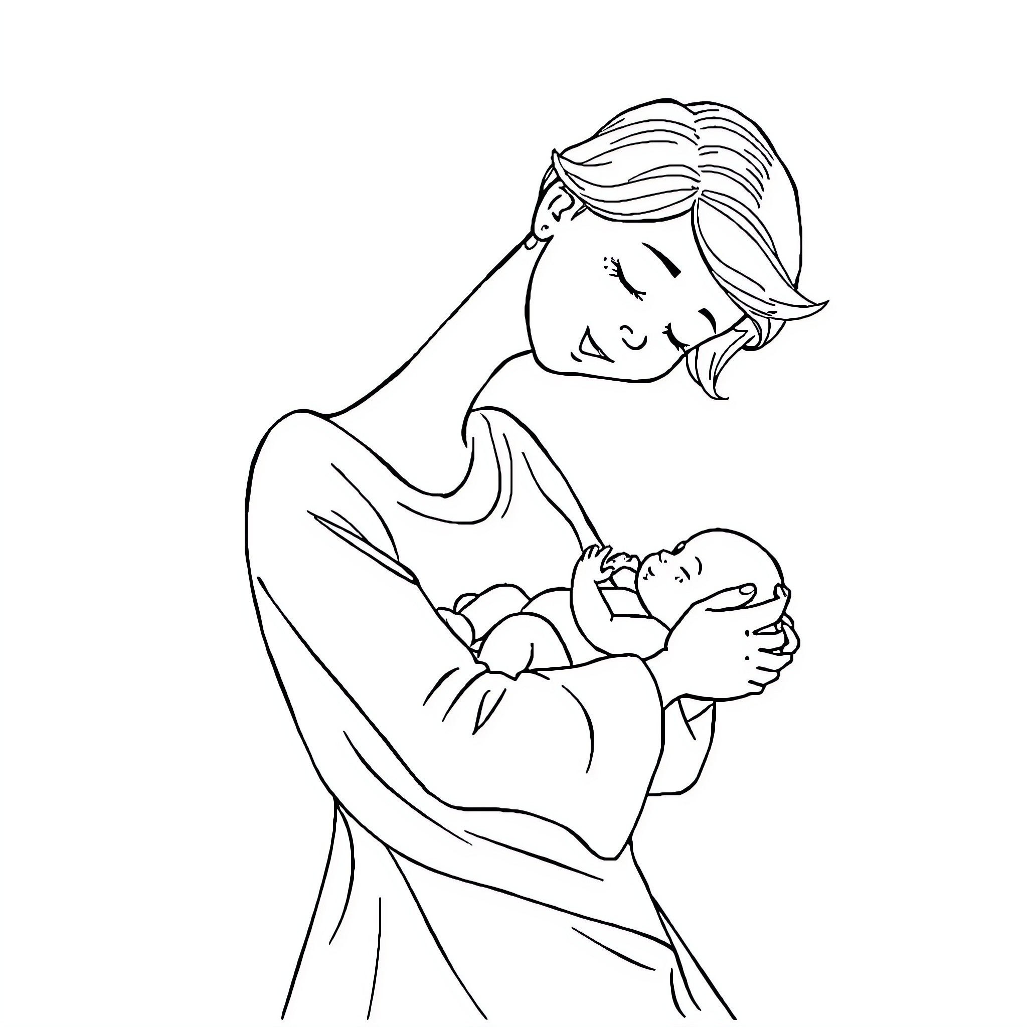 Mother tenderly holding her newborn baby Coloring Page (free black-and-white line drawing printable PDF for all, from beginners to advanced learners, including children, teens, adults, and seniors)
