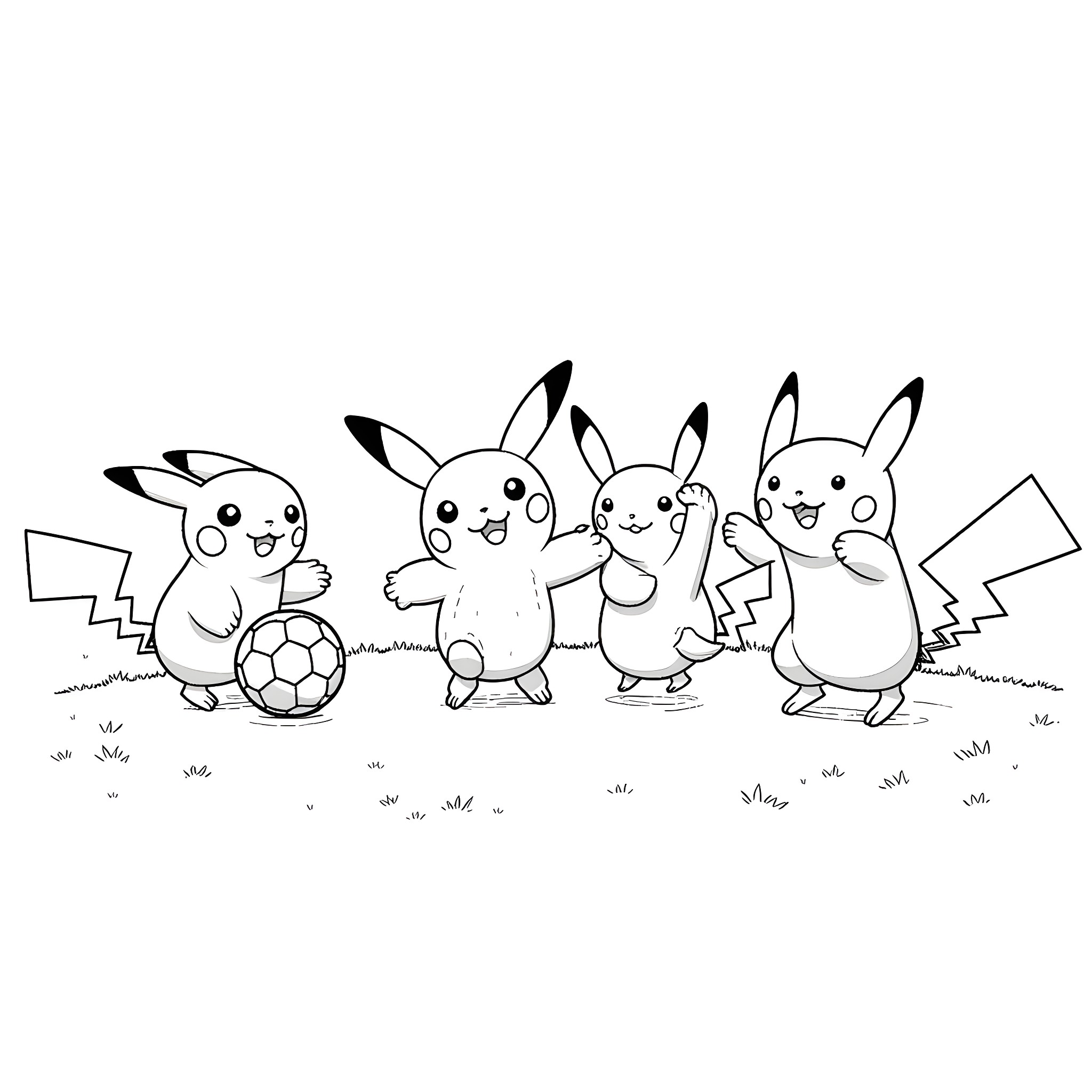 Pokémon Pikachus playing soccer together Coloring Page (free black-and-white line drawing printable PDF for all, from beginners to advanced learners, including children, teens, adults, and seniors)