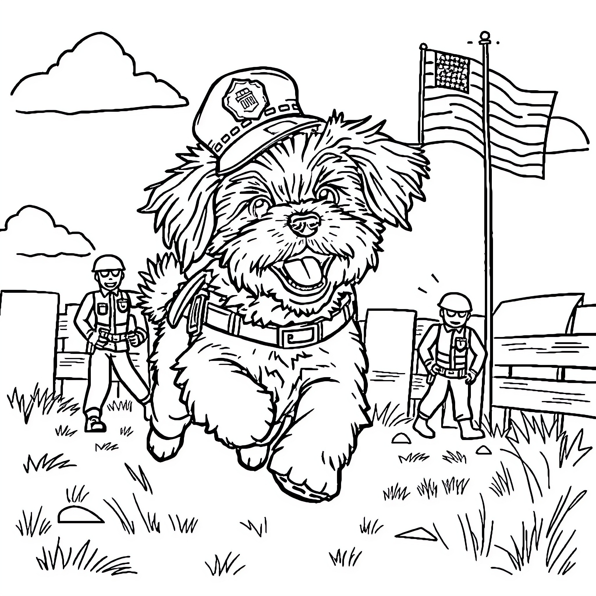 Shih Tzu dressed as police officer with flag Coloring Page (free black-and-white line drawing printable PDF for all, from beginners to advanced learners, including children, teens, adults, and seniors)
