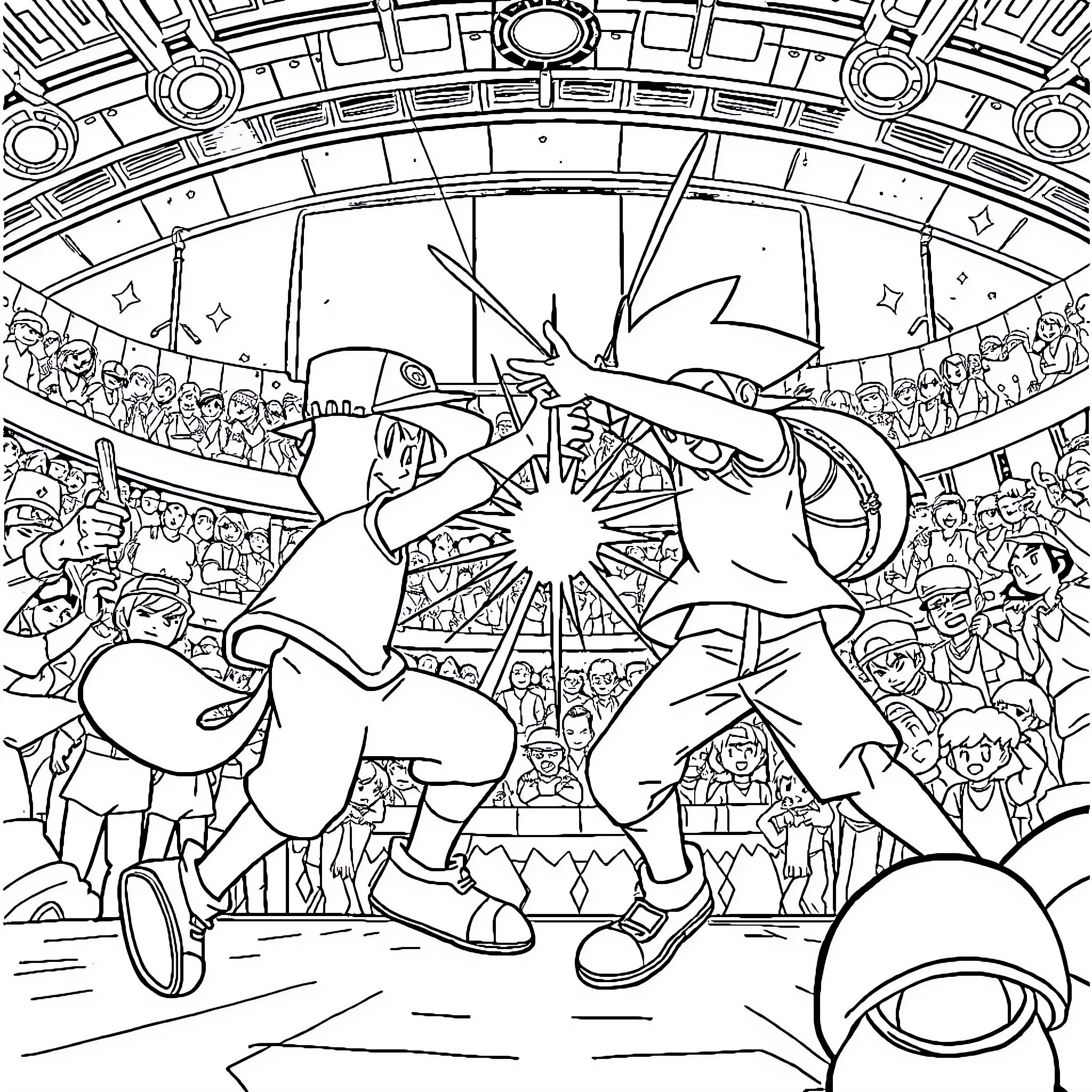 Dan Kuso battling in a grand arena Coloring Page (free black-and-white line drawing printable PDF for all, from beginners to advanced learners, including children, teens, adults, and seniors)