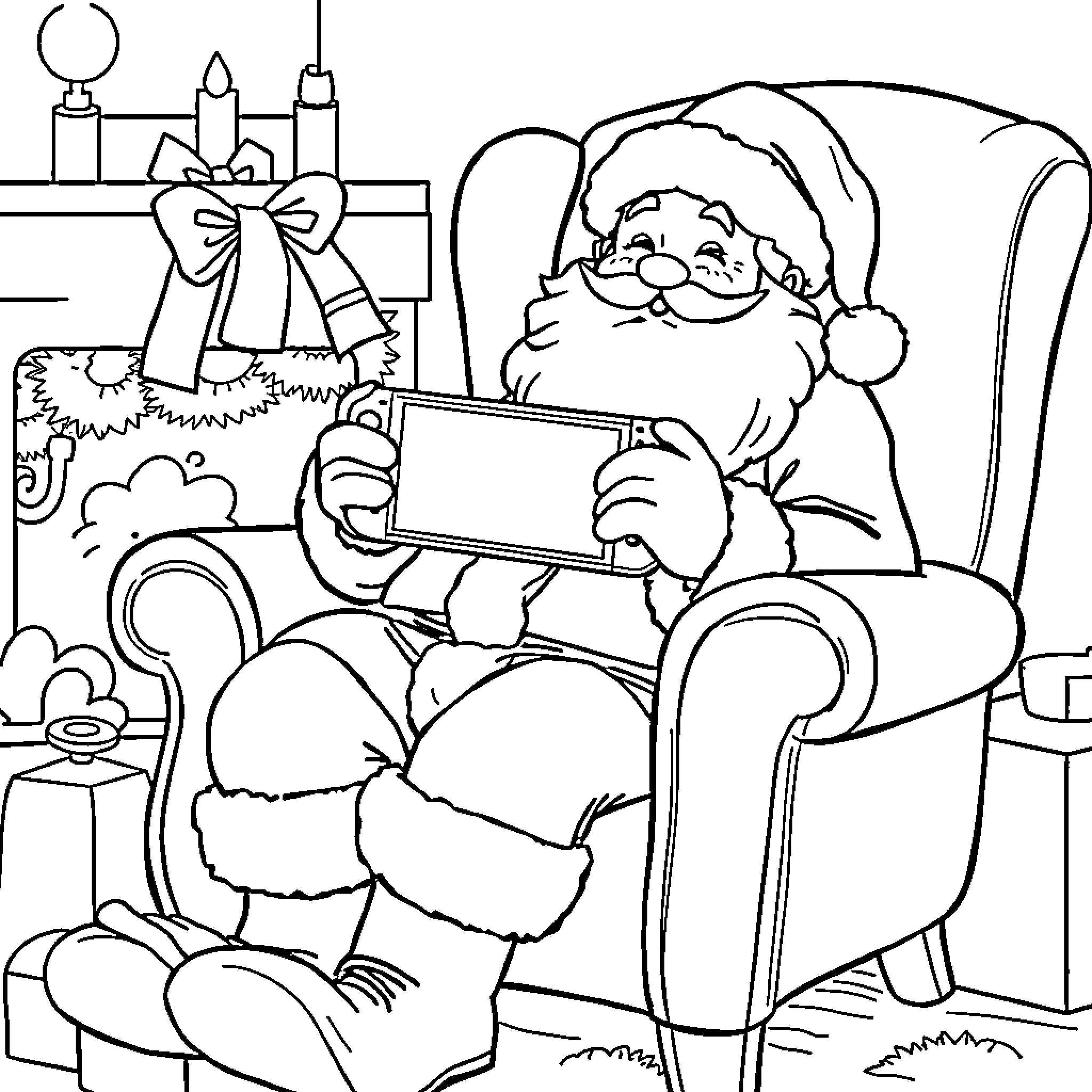 Santa relaxing with a tablet by the fireplace Coloring Page (free black-and-white line drawing printable PDF for all, from beginners to advanced learners, including children, teens, adults, and seniors)