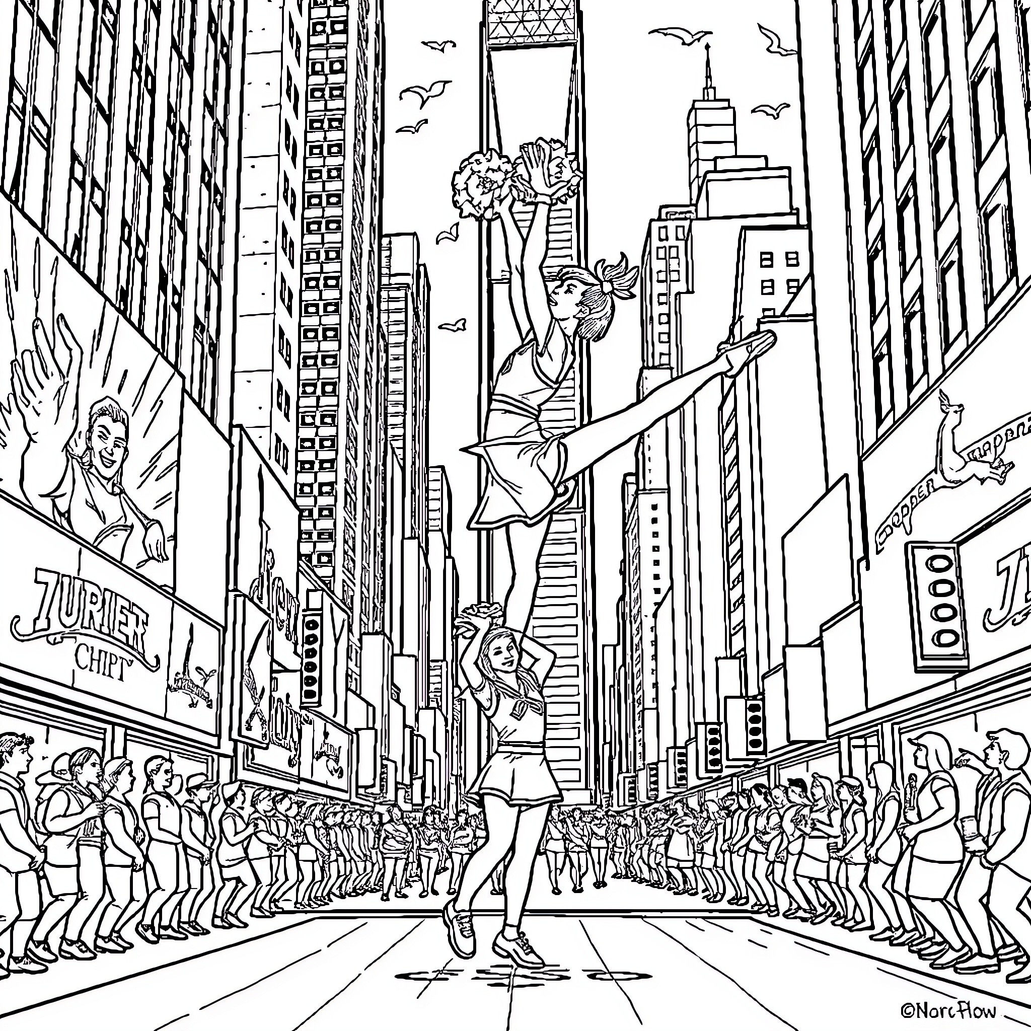 Cheerleaders performing in bustling city streets Coloring Page (free black-and-white line drawing printable PDF for all, from beginners to advanced learners, including children, teens, adults, and seniors)