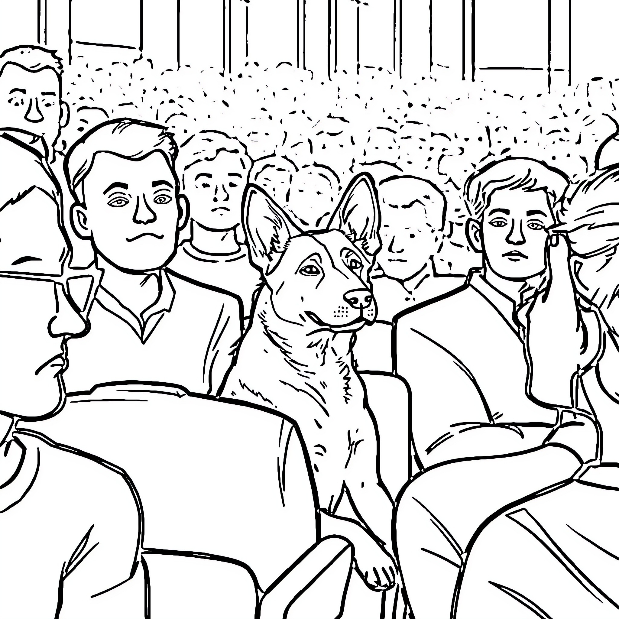 Perro acompañando a sus humanos en un evento Coloring Page (free black-and-white line drawing printable PDF for all, from beginners to advanced learners, including children, teens, adults, and seniors)