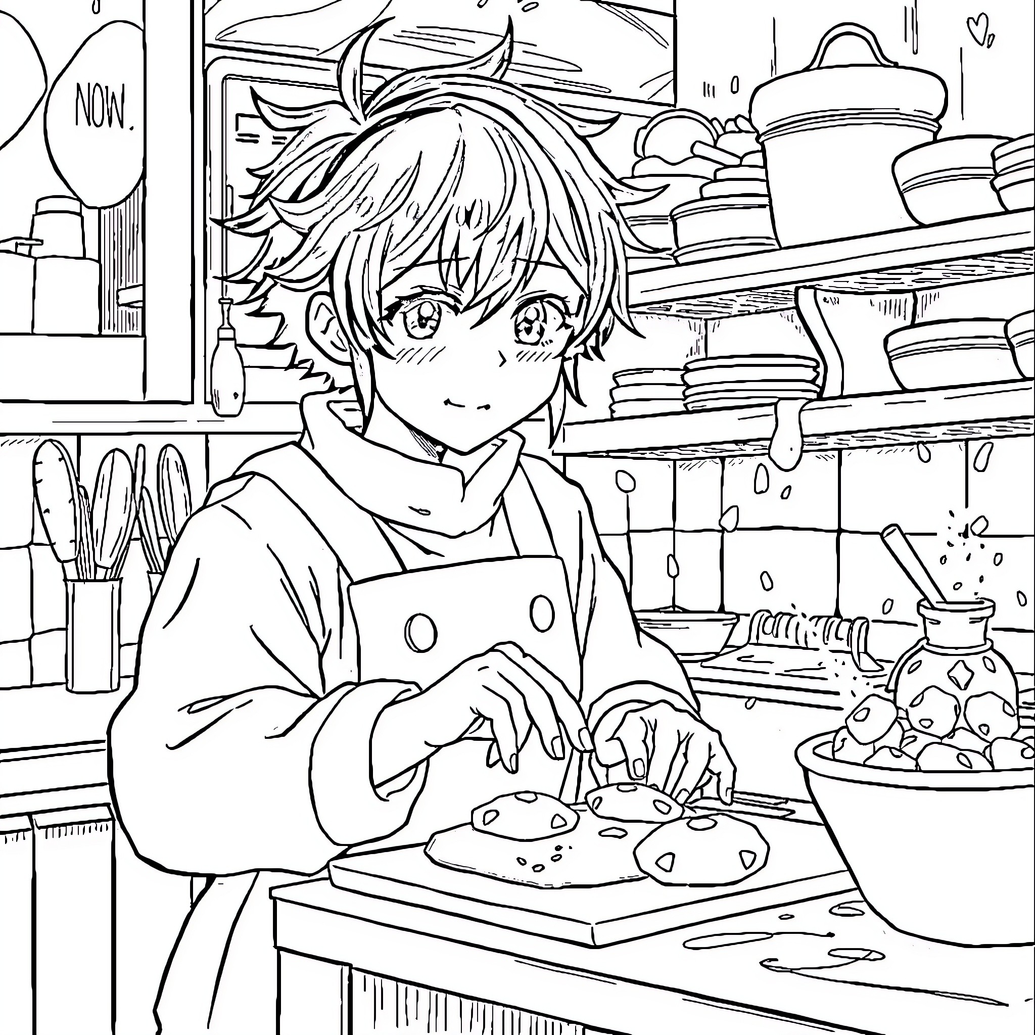 Hinosuke's Culinary Adventure in the Cozy Kitchen Coloring Page (free black-and-white line drawing printable PDF for all, from beginners to advanced learners, including children, teens, adults, and seniors)