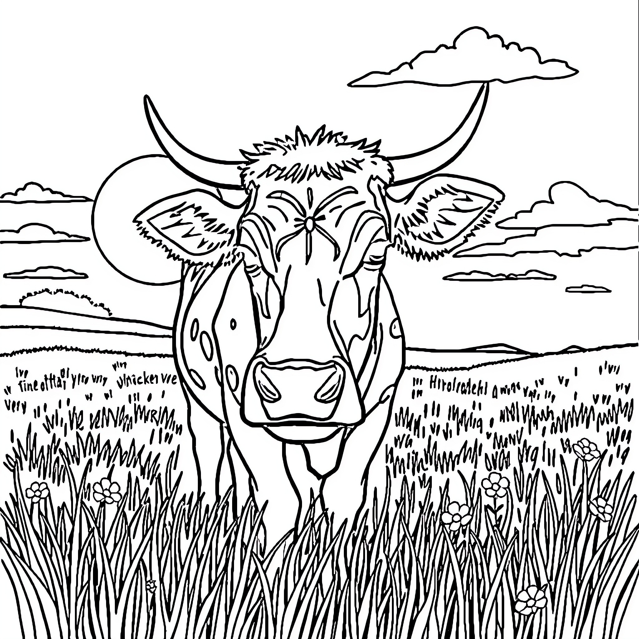 Vaca grazing peacefully in the meadow Coloring Page (free black-and-white line drawing printable PDF for all, from beginners to advanced learners, including children, teens, adults, and seniors)
