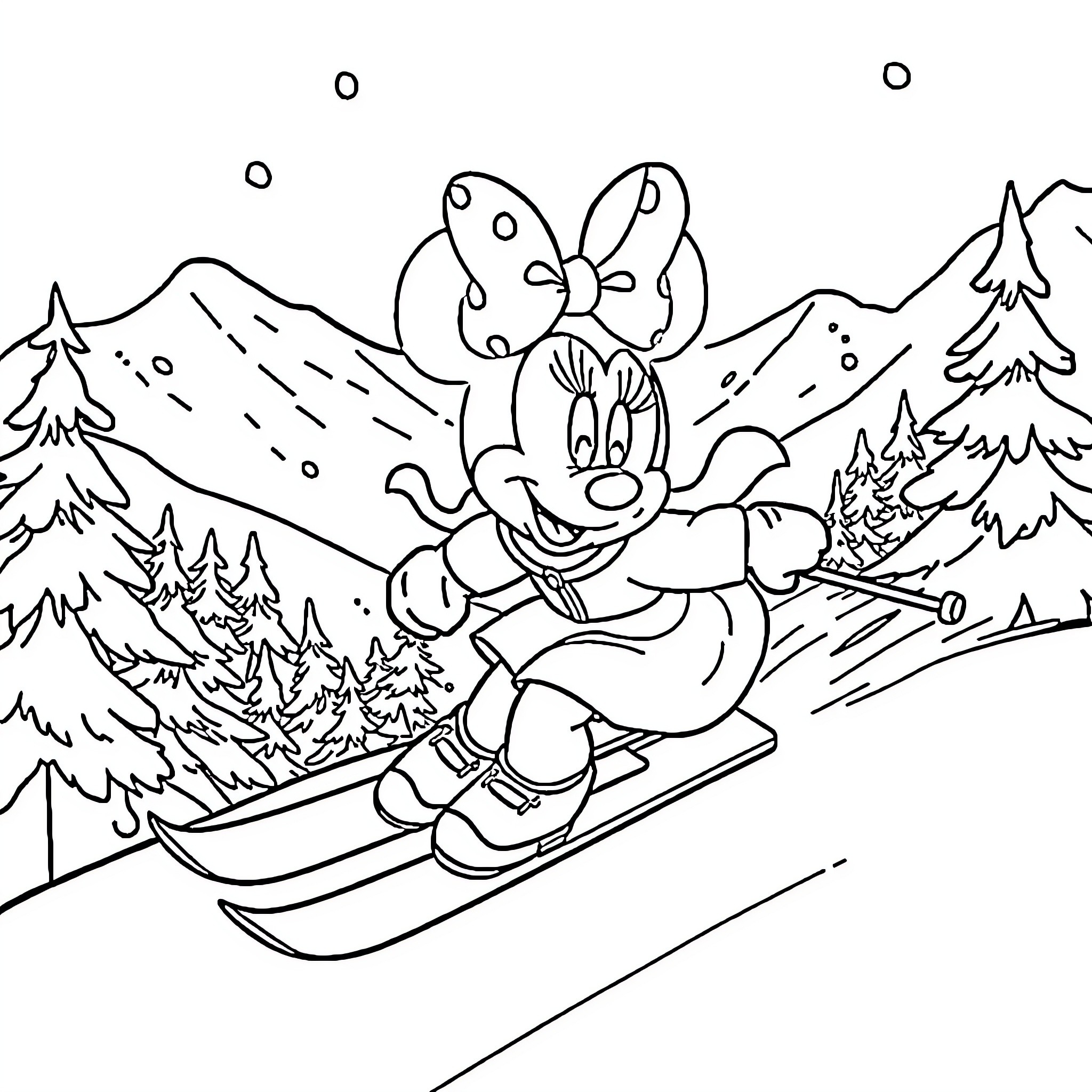 Minnie enjoying winter sports in snowy landscape Coloring Page (free black-and-white line drawing printable PDF for all, from beginners to advanced learners, including children, teens, adults, and seniors)