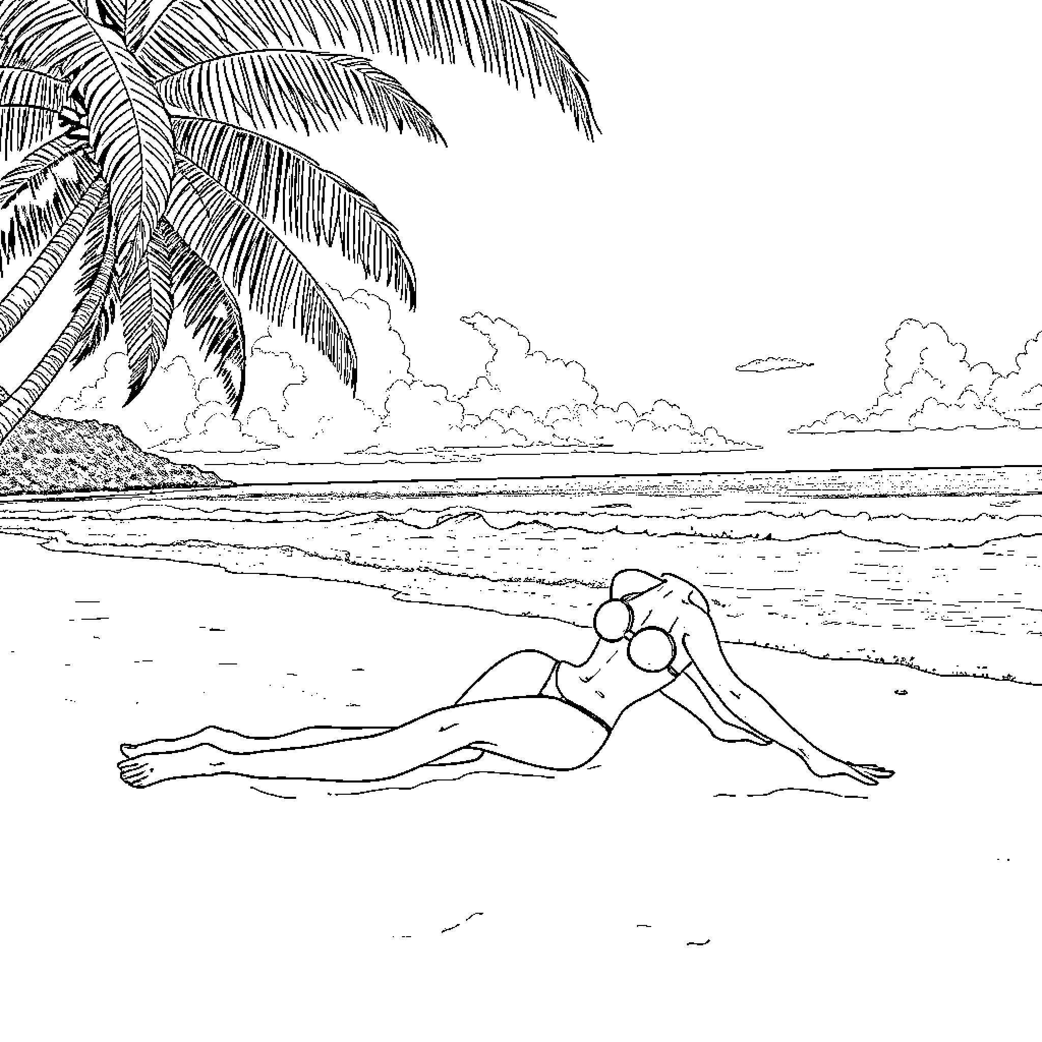 Woman relaxing on a tropical beach Coloring Page (free black-and-white line drawing printable PDF for all, from beginners to advanced learners, including children, teens, adults, and seniors)