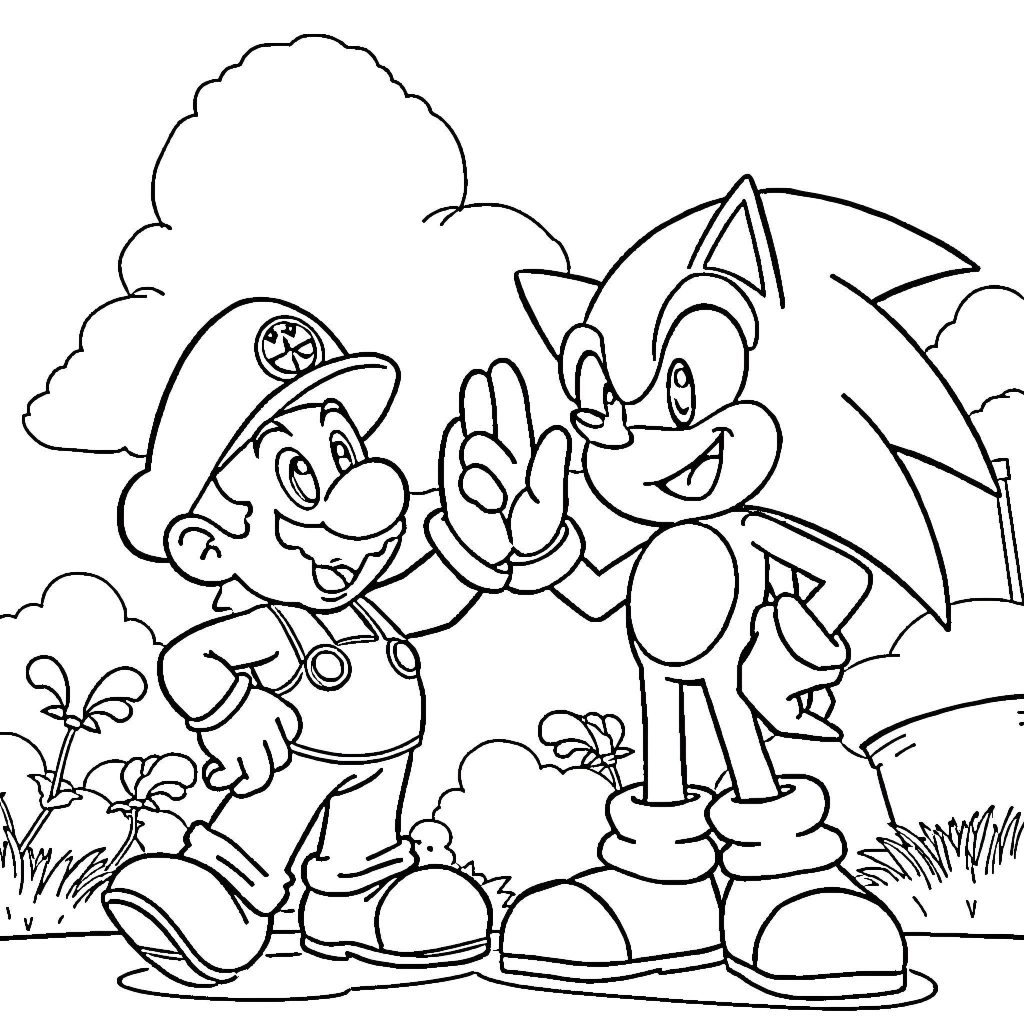 Sonic and Mario's Adventurous Escapade Coloring Page (free black-and-white line drawing printable PDF for all, from beginners to advanced learners, including children, teens, adults, and seniors)
