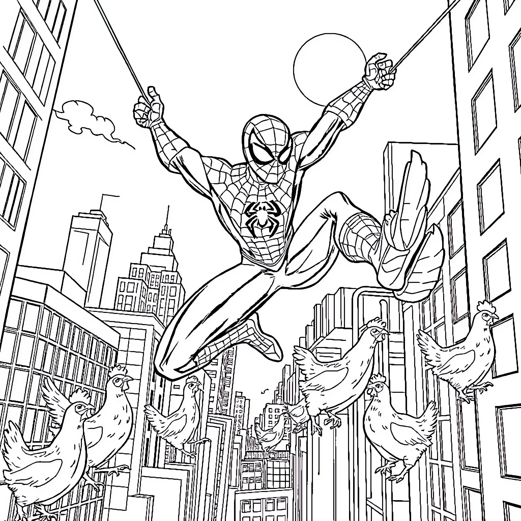 Spiderman swinging through the city skyline Coloring Page (free black-and-white line drawing printable PDF for all, from beginners to advanced learners, including children, teens, adults, and seniors)