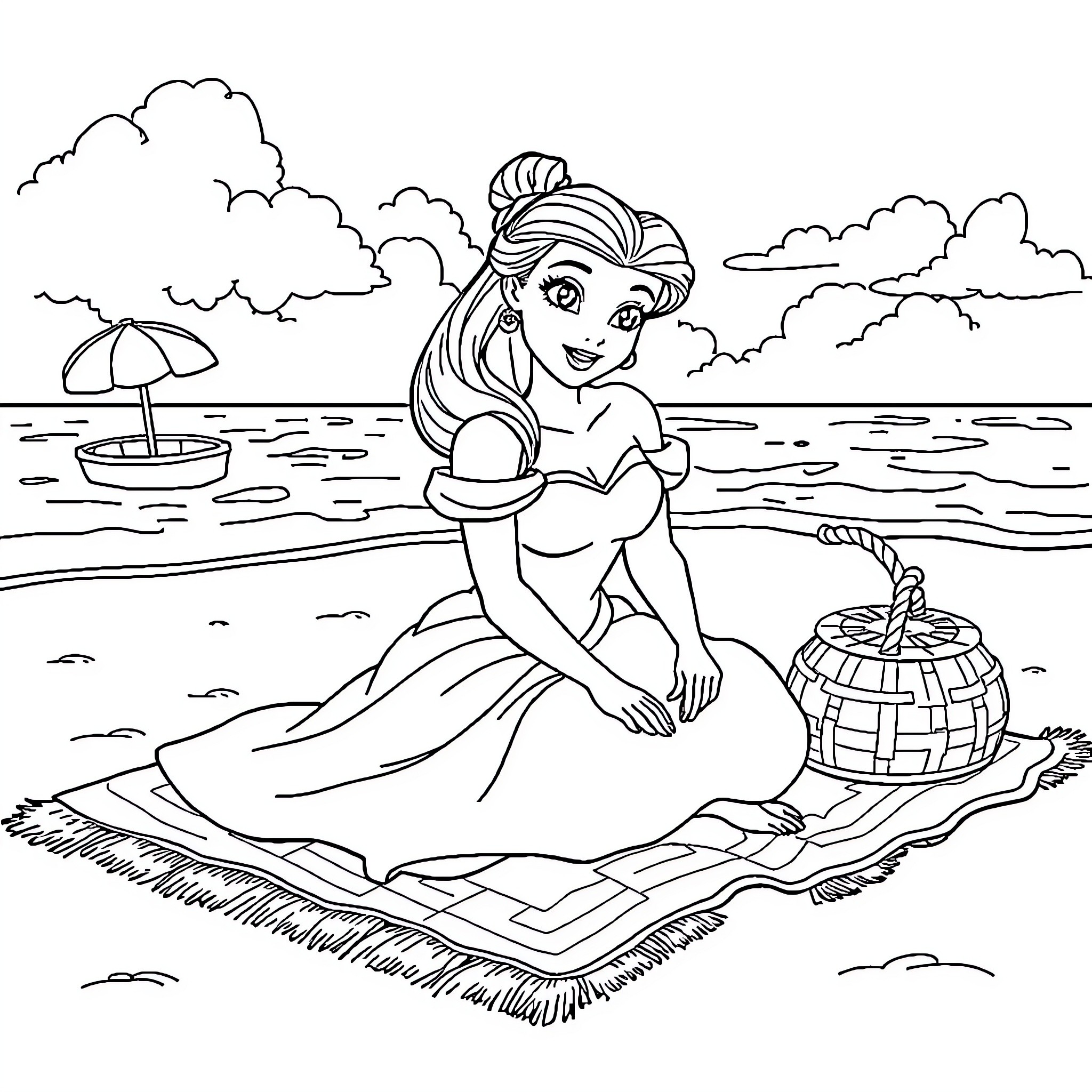 Belle enjoying a picnic by the beach Coloring Page (free black-and-white line drawing printable PDF for all, from beginners to advanced learners, including children, teens, adults, and seniors)