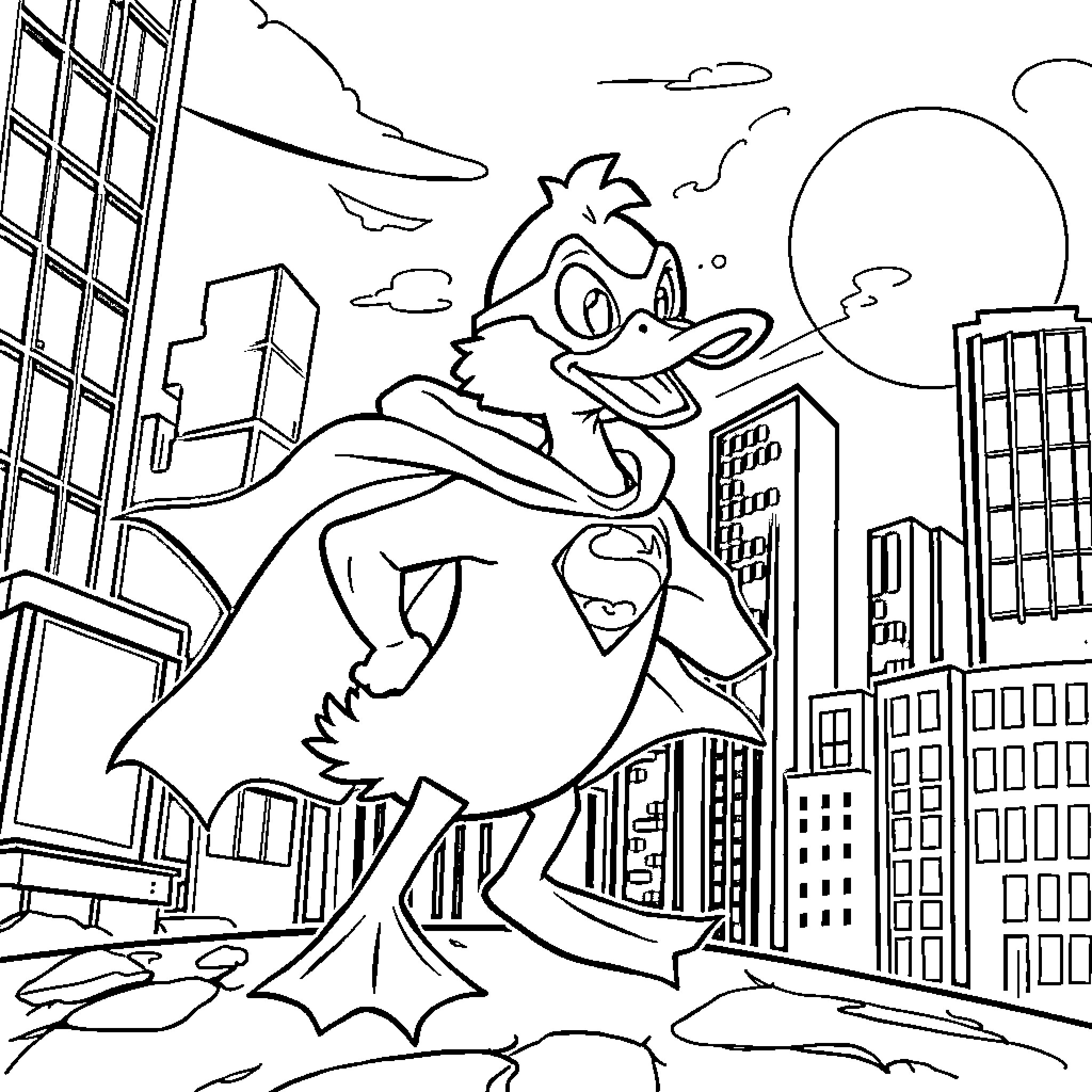 Duck superhero soaring over the city Coloring Page (free black-and-white line drawing printable PDF for all, from beginners to advanced learners, including children, teens, adults, and seniors)