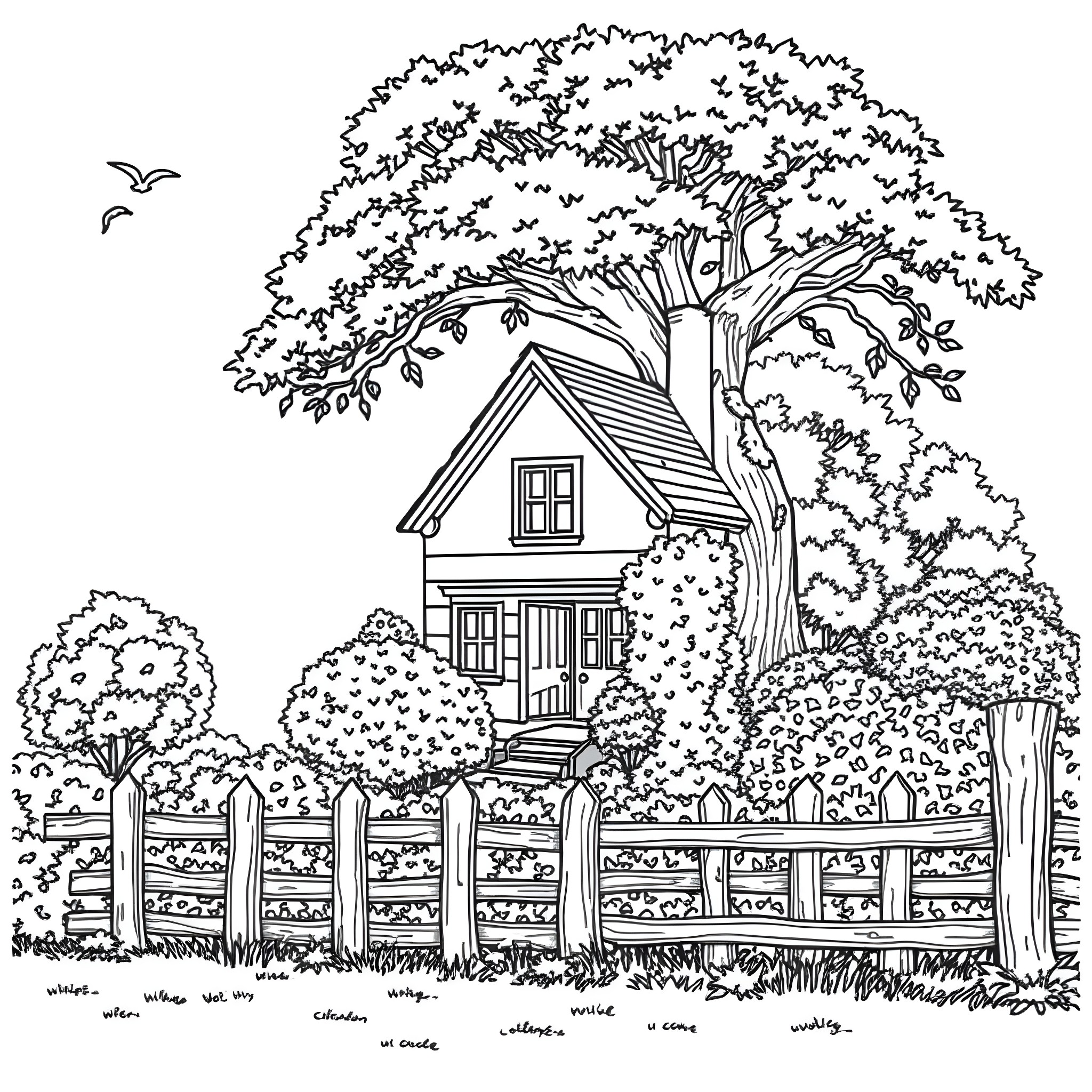 Tree-lined cottage with a fence in a countryside scene Coloring Page (free black-and-white line drawing printable PDF for all, from beginners to advanced learners, including children, teens, adults, and seniors)