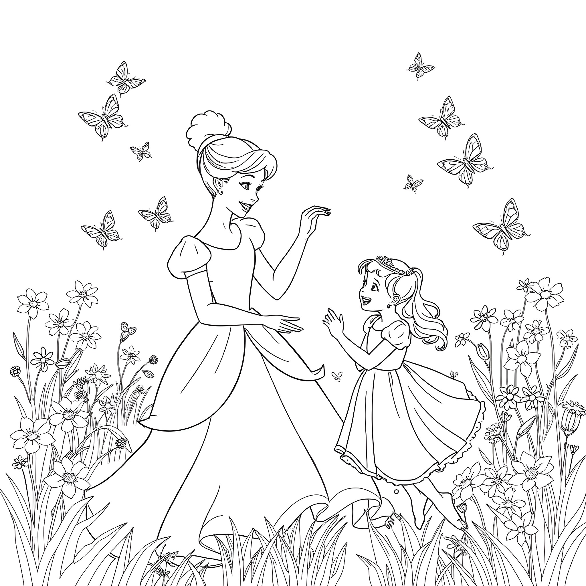 Cinderella and her young companion in a garden filled with butterflies Coloring Page (free black-and-white line drawing printable PDF for all, from beginners to advanced learners, including children, teens, adults, and seniors)