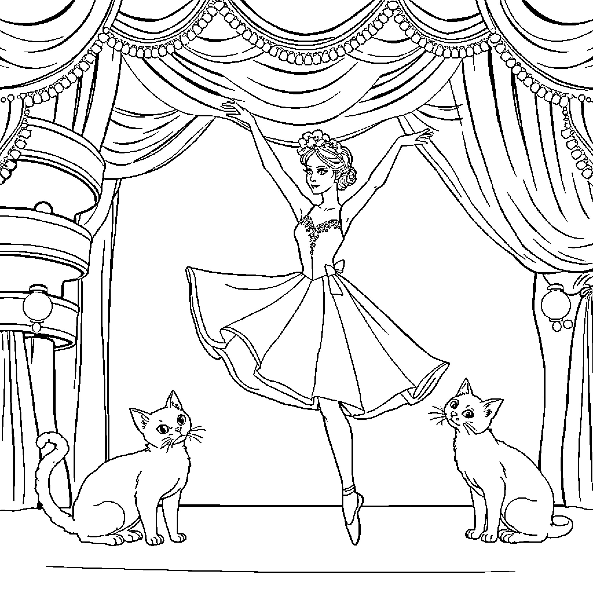 Ballet Dancer Performing with Cats on Stage Coloring Page (free black-and-white line drawing printable PDF for all, from beginners to advanced learners, including children, teens, adults, and seniors)