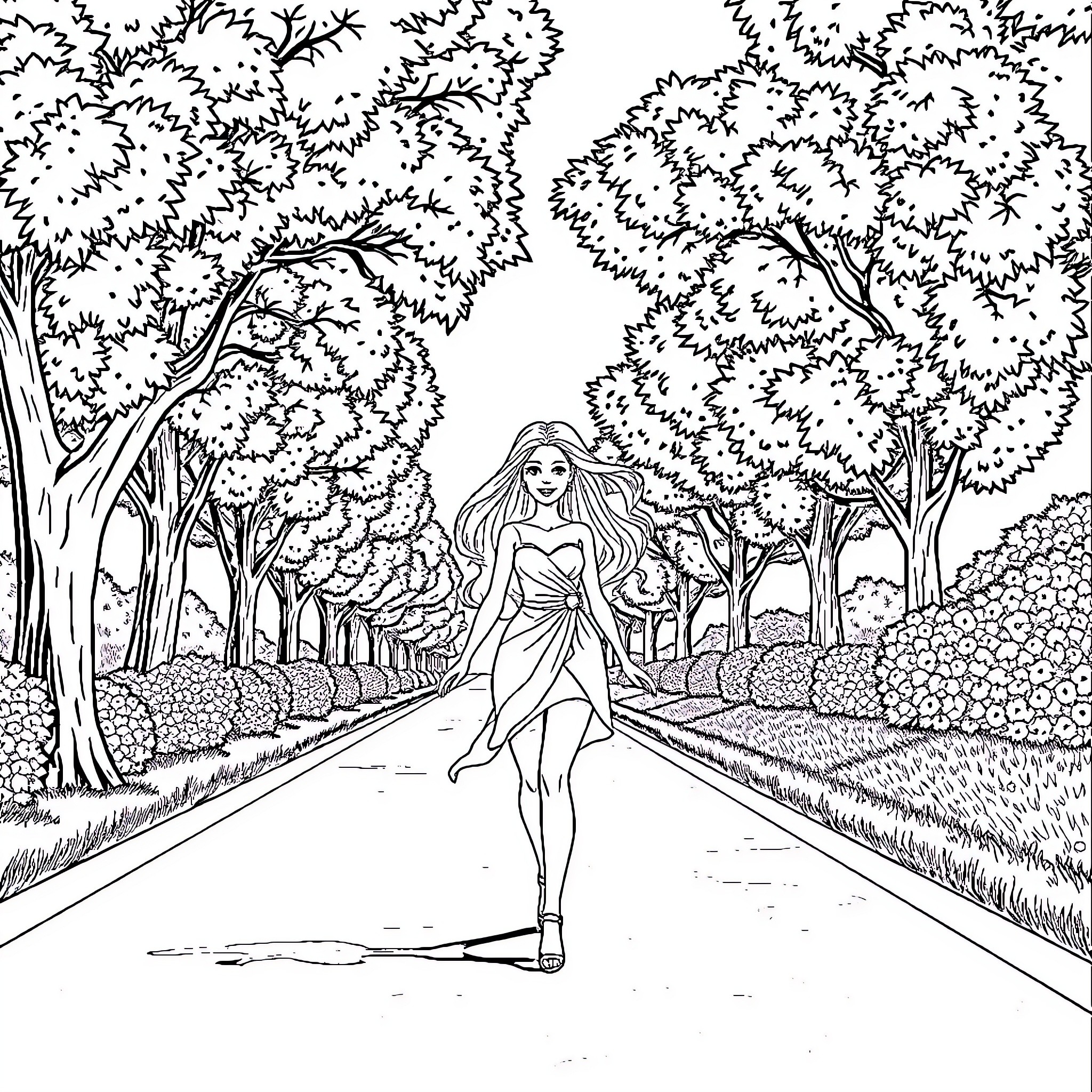 Barbie's Enchanted Stroll Through Nature Coloring Page (free black-and-white line drawing printable PDF for all, from beginners to advanced learners, including children, teens, adults, and seniors)