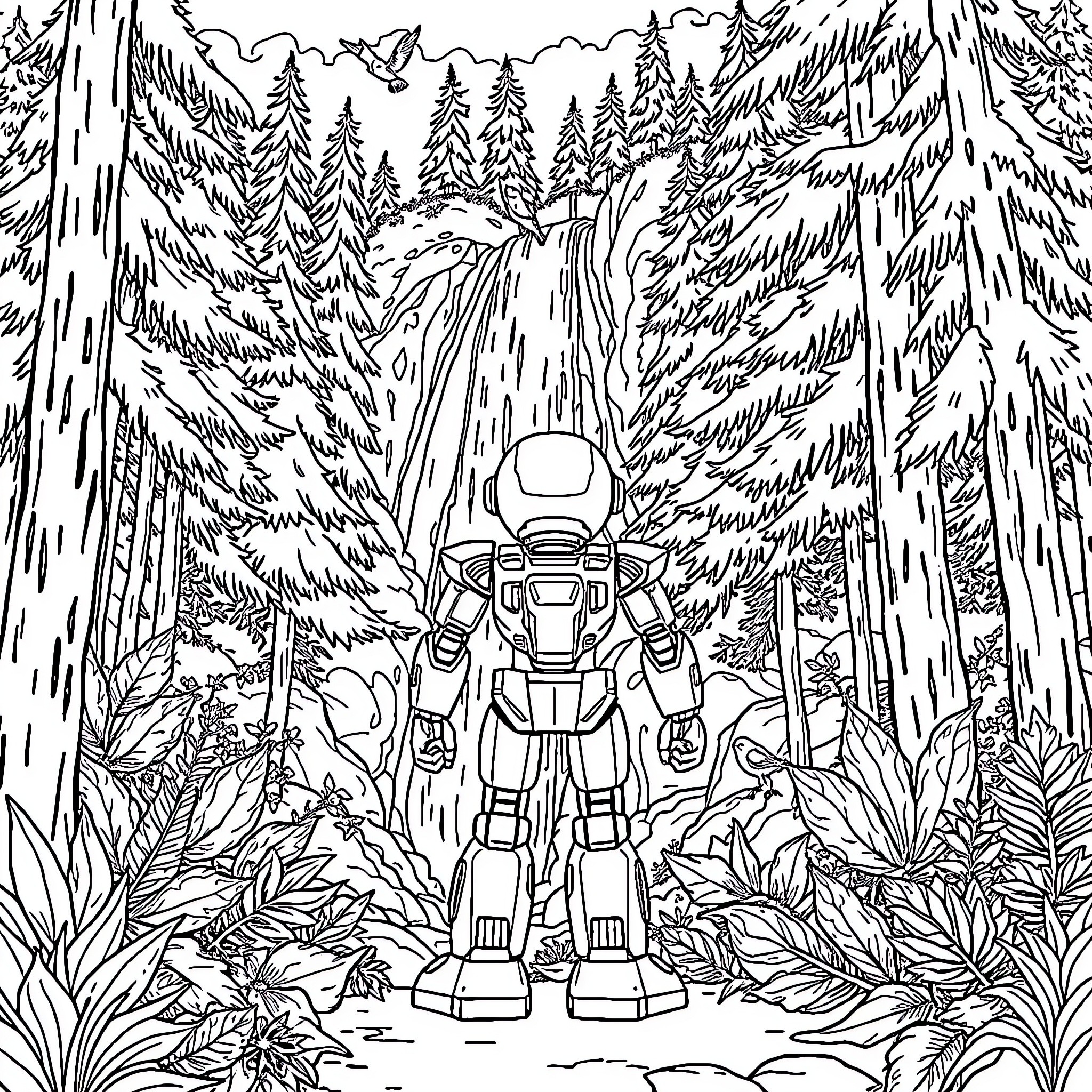 Robot Exploring the Lush Forest Landscape Coloring Page (free black-and-white line drawing printable PDF for all, from beginners to advanced learners, including children, teens, adults, and seniors)