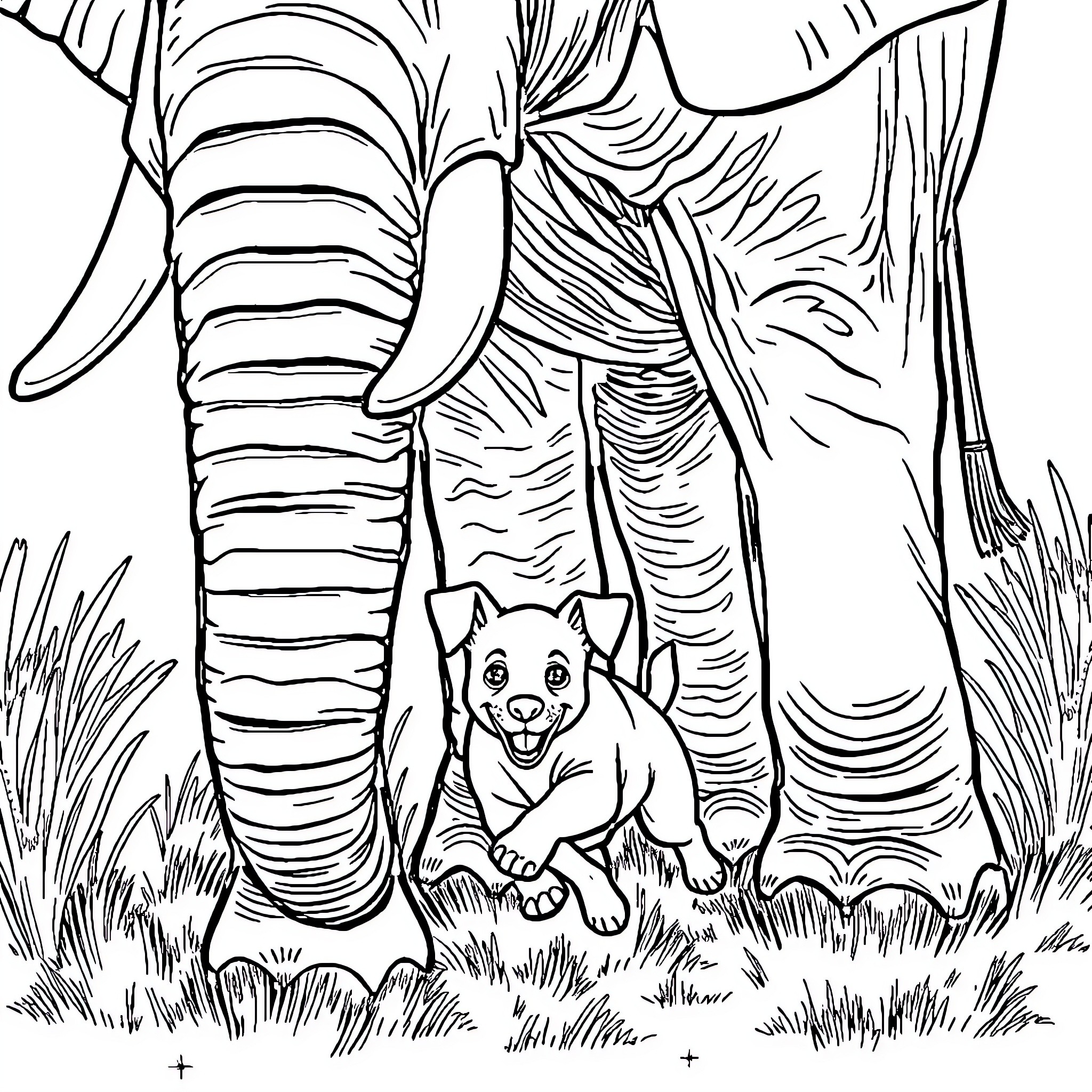 Dog exploring the jungle wilderness Coloring Page (free black-and-white line drawing printable PDF for all, from beginners to advanced learners, including children, teens, adults, and seniors)