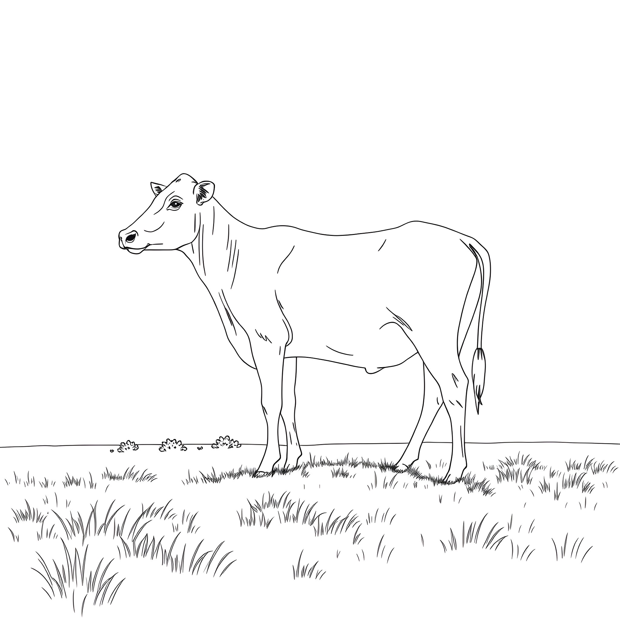 Calf grazing peacefully in a grassy field Coloring Page (free black-and-white line drawing printable PDF for all, from beginners to advanced learners, including children, teens, adults, and seniors)