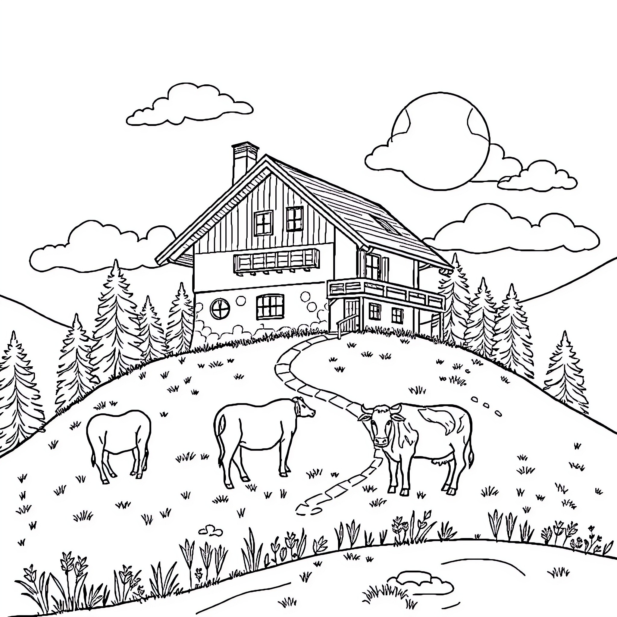 Chalet with grazing animals in scenic landscape Coloring Page (free black-and-white line drawing printable PDF for all, from beginners to advanced learners, including children, teens, adults, and seniors)