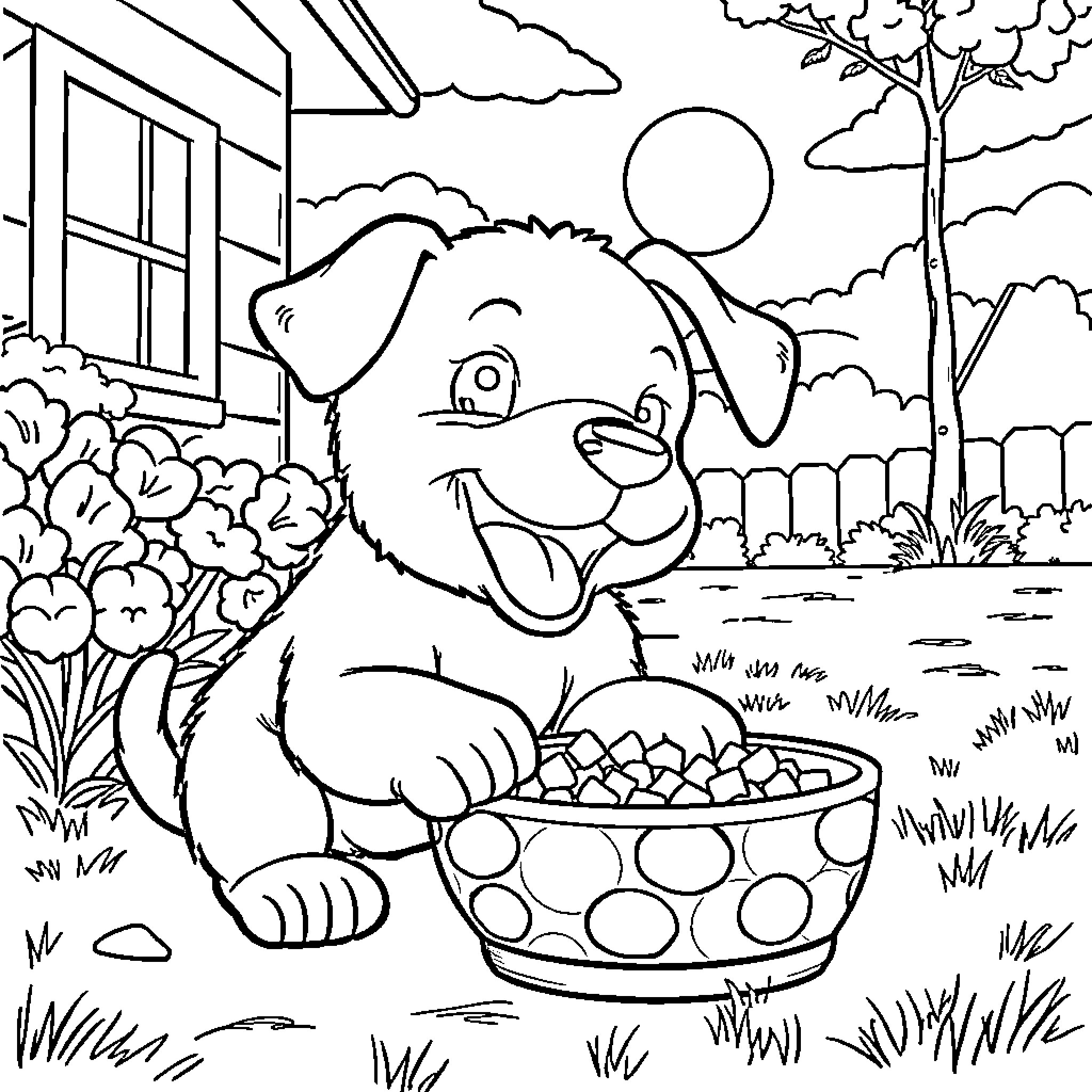 Puppy playing with treats in the backyard Coloring Page (free black-and-white line drawing printable PDF for all, from beginners to advanced learners, including children, teens, adults, and seniors)