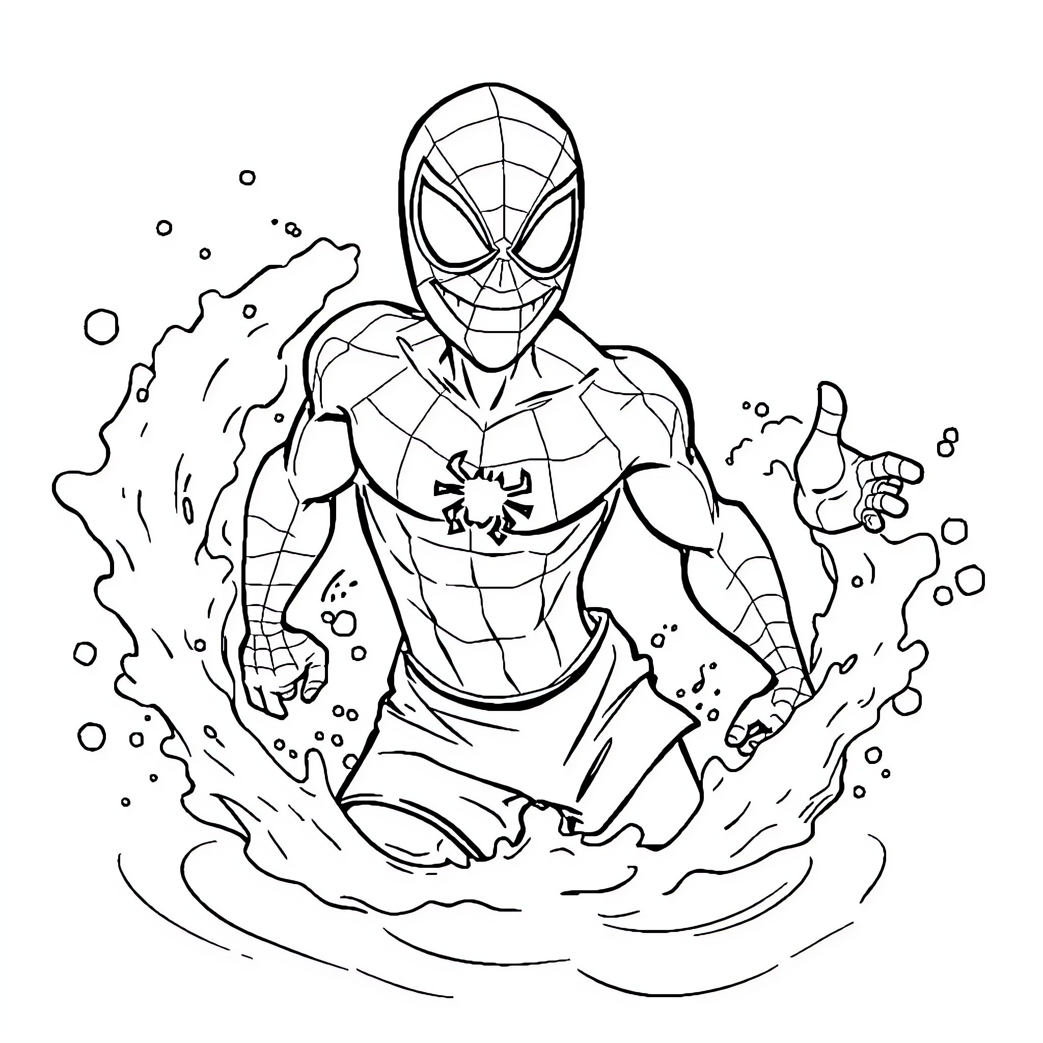 Spidey swinging with web-slinging action Coloring Page (free black-and-white line drawing printable PDF for all, from beginners to advanced learners, including children, teens, adults, and seniors)