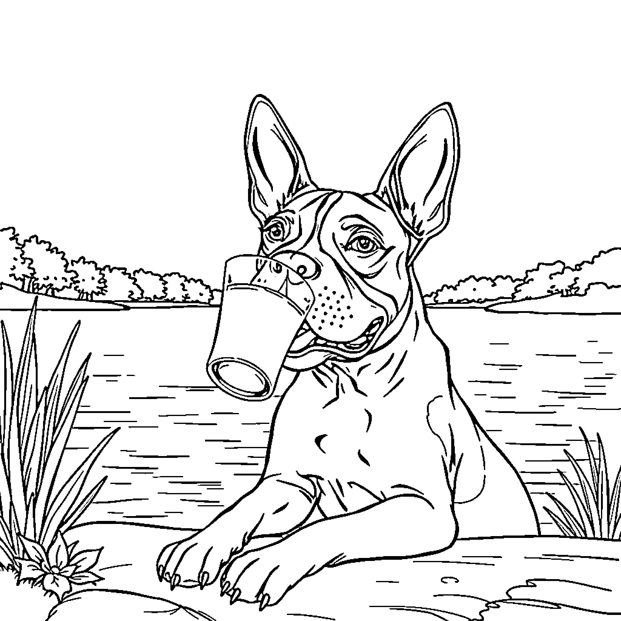 Bull Terrier enjoying nature by the lake Coloring Page (free black-and-white line drawing printable PDF for all, from beginners to advanced learners, including children, teens, adults, and seniors)