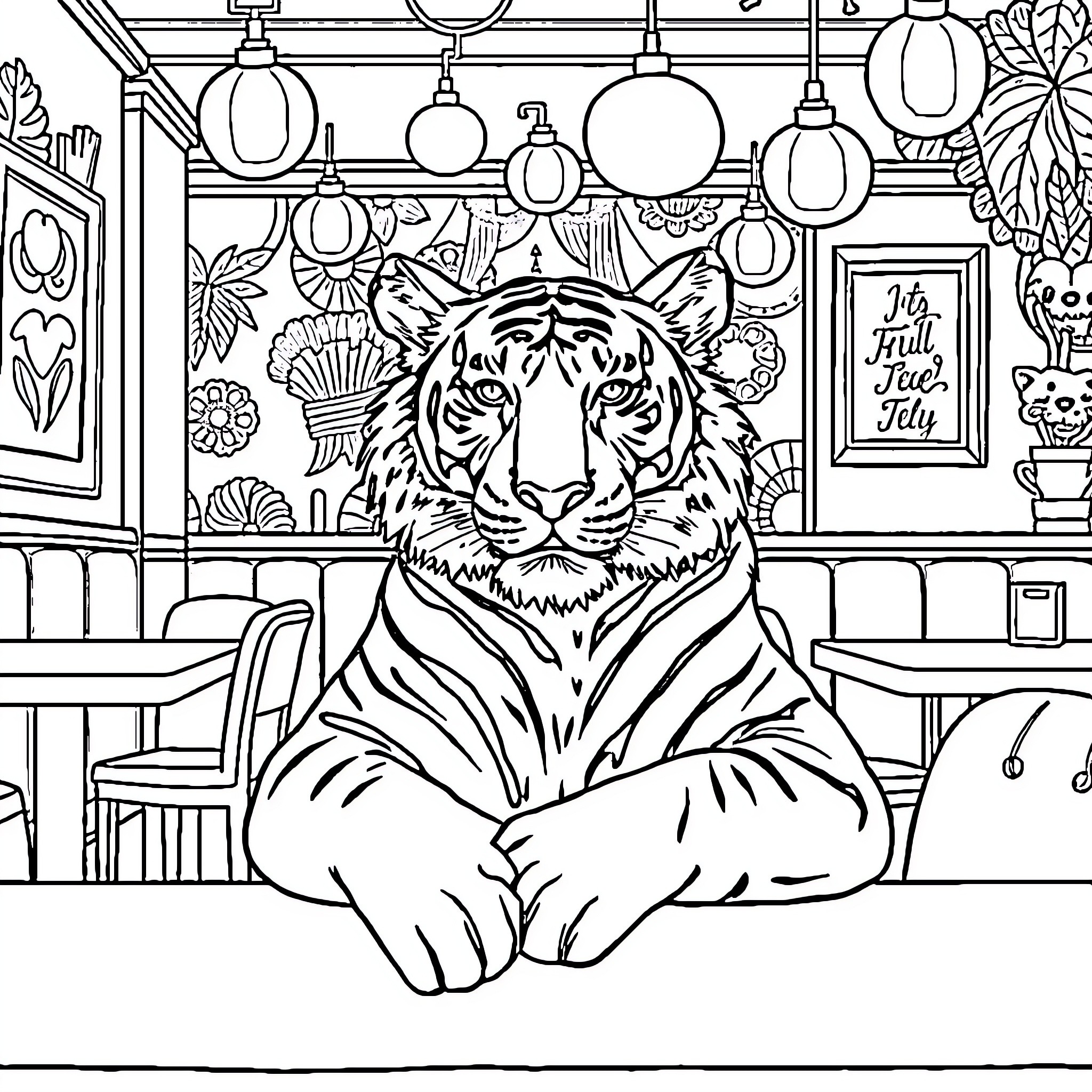 Tiger relaxing in a cozy cafe setting Coloring Page (free black-and-white line drawing printable PDF for all, from beginners to advanced learners, including children, teens, adults, and seniors)