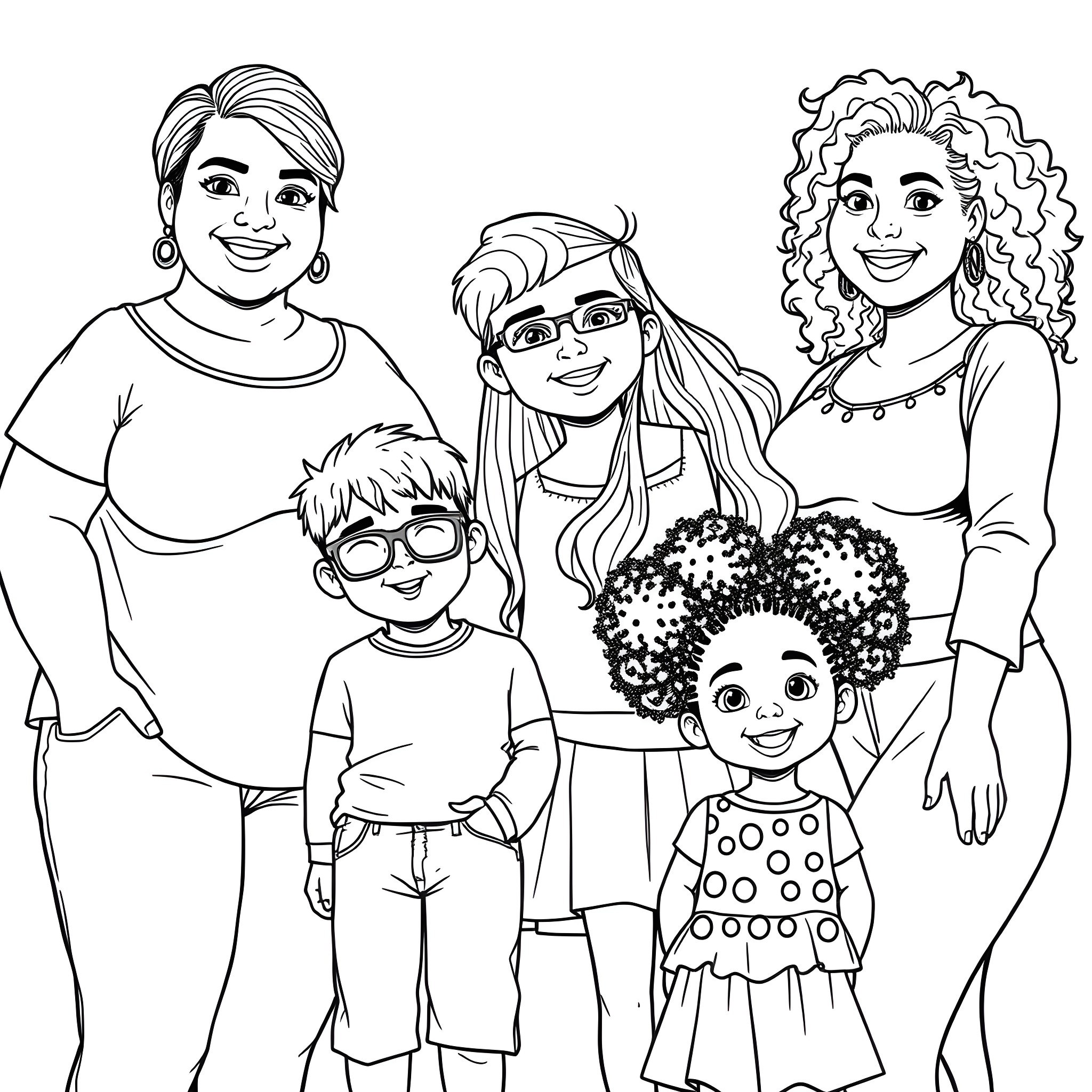 Mom with her happy family Coloring Page (free black-and-white line drawing printable PDF for all, from beginners to advanced learners, including children, teens, adults, and seniors)